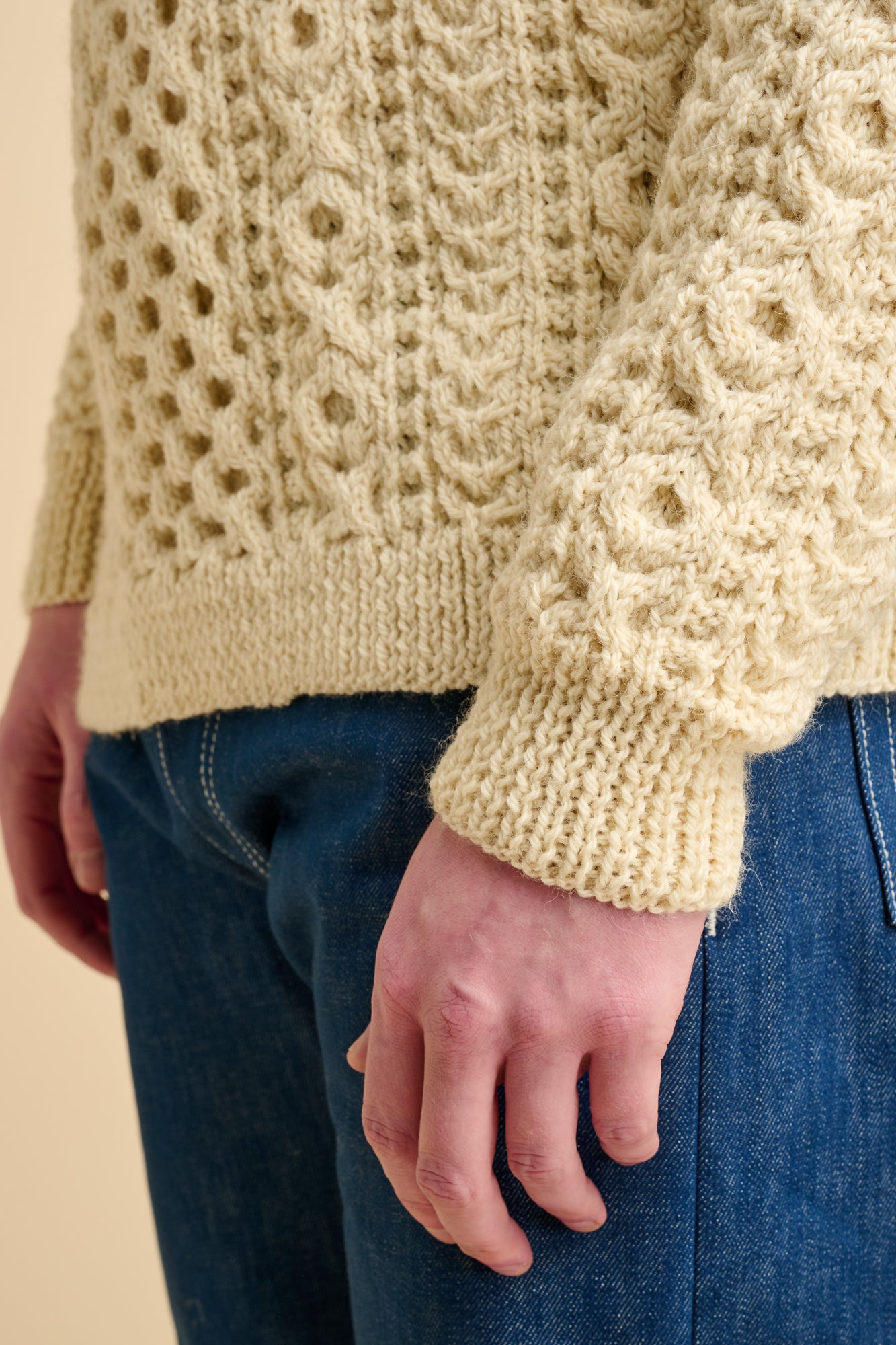 Mens Hand Knit Aran Sweater - Ecru