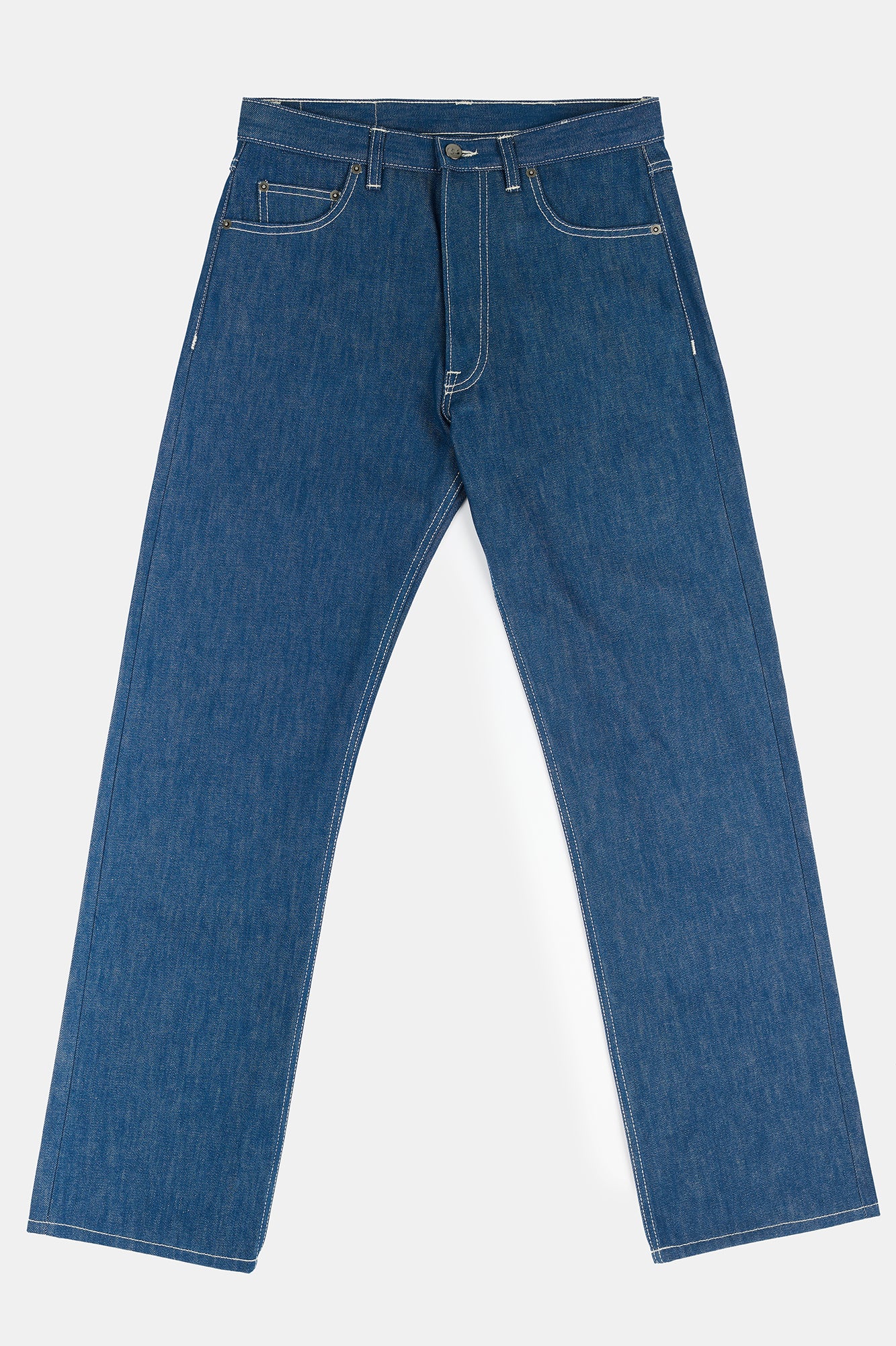 Flatlay product image of men's loose fit button fly Arun jeans inblue