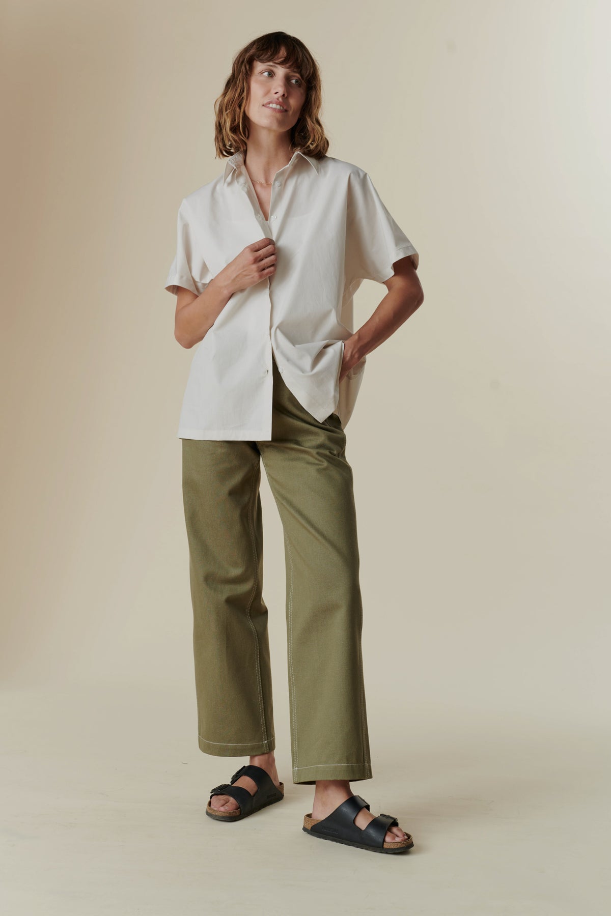 woman wearing the work jean with the Ava short sleeve shirt