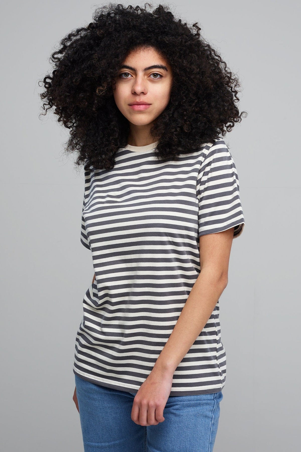 Women's Grey/Ecru Striped T-Shirt - Community Clothing