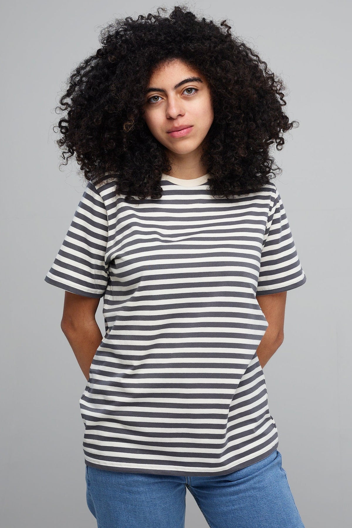 Women's Grey/Ecru Striped T-Shirt - Community Clothing