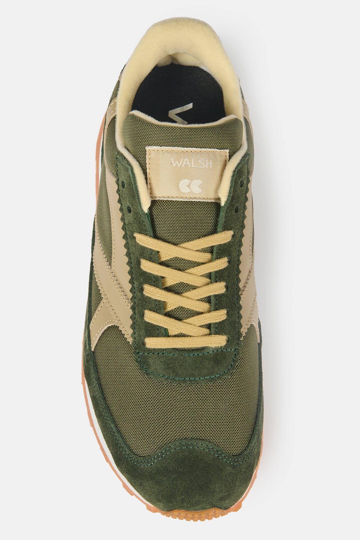 Birds eye view of Community Clothing X Walsh Beacon trainer in dark olive and beige 