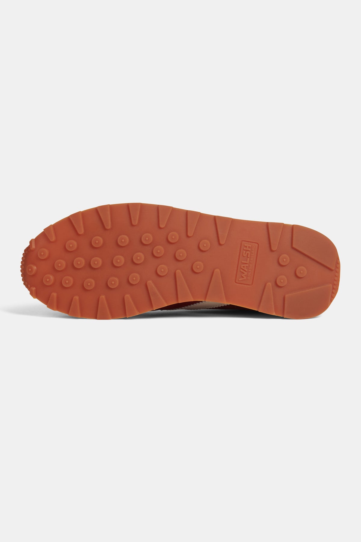 Close-up of a brown trainer sole on a white background.