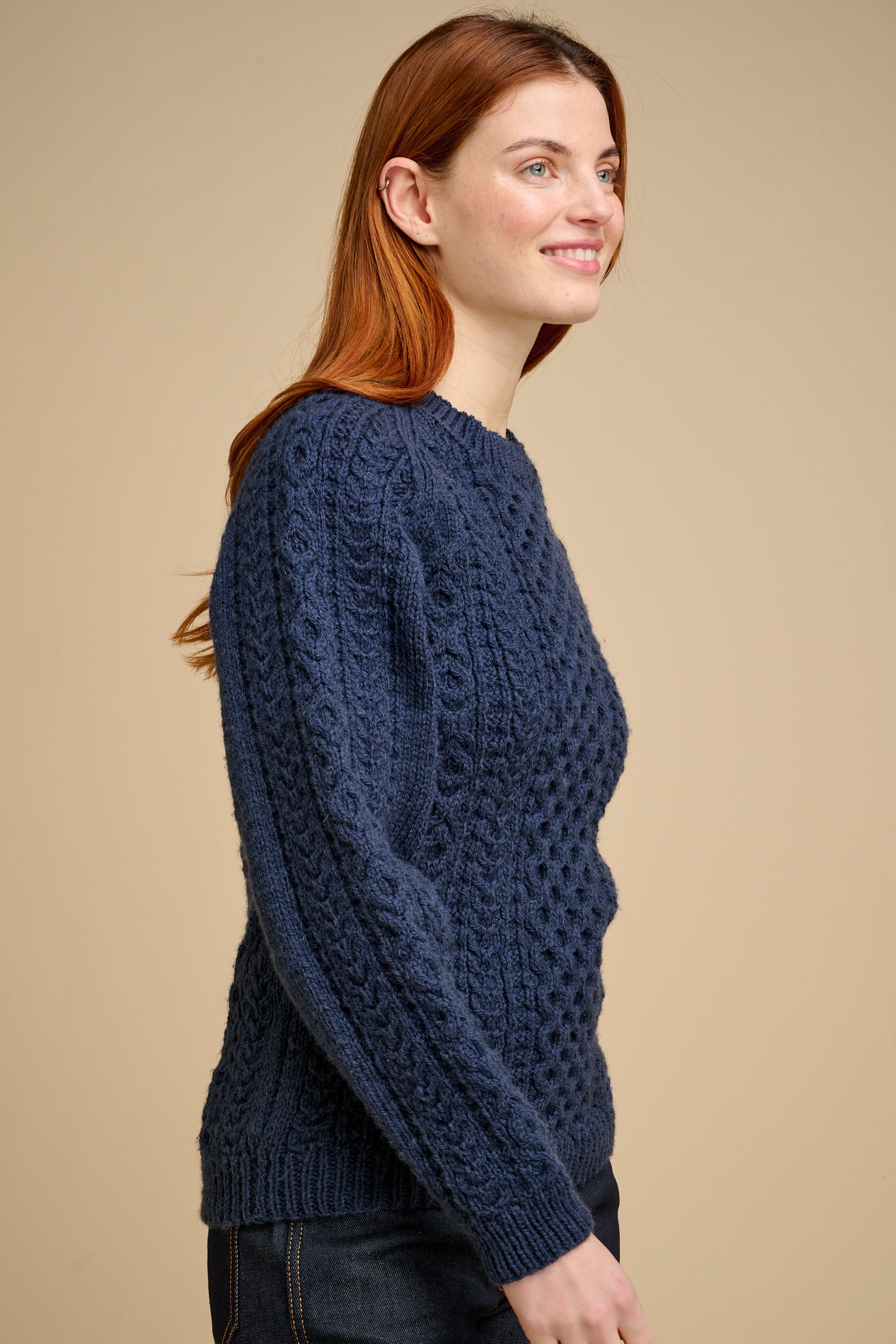 Womens Hand Knit Aran Sweater - Navy