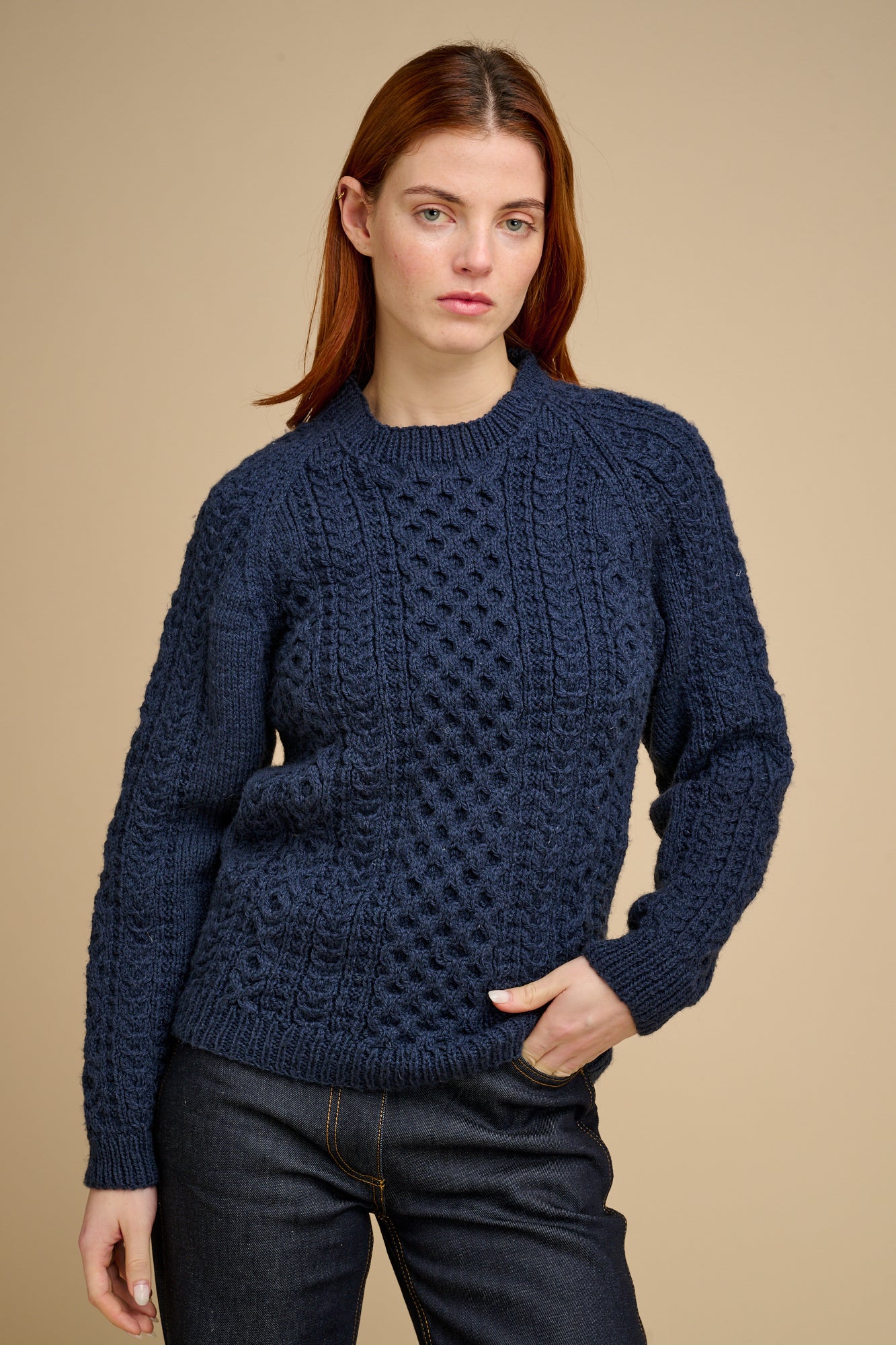 Womens Hand Knit Aran Sweater - Navy