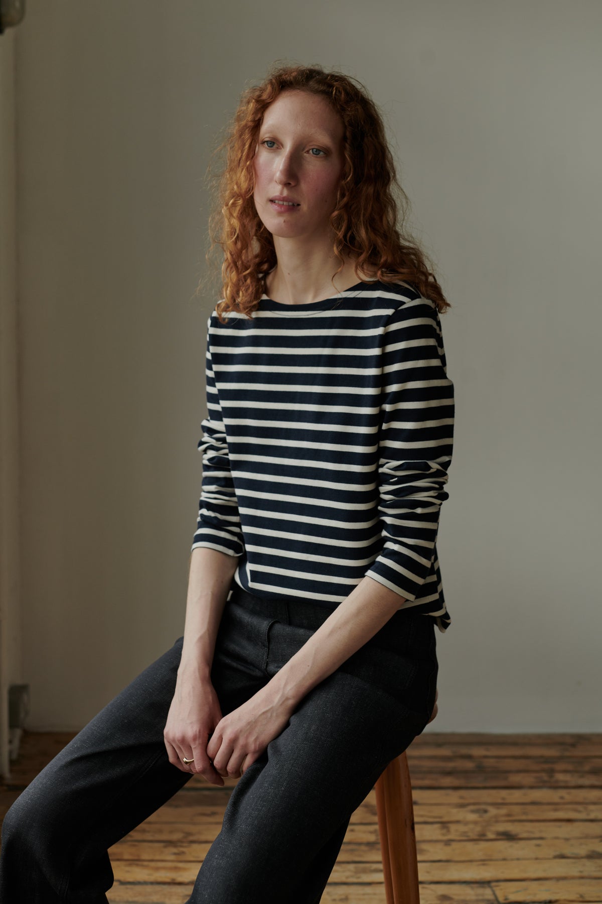 Front of female breton navy ecru