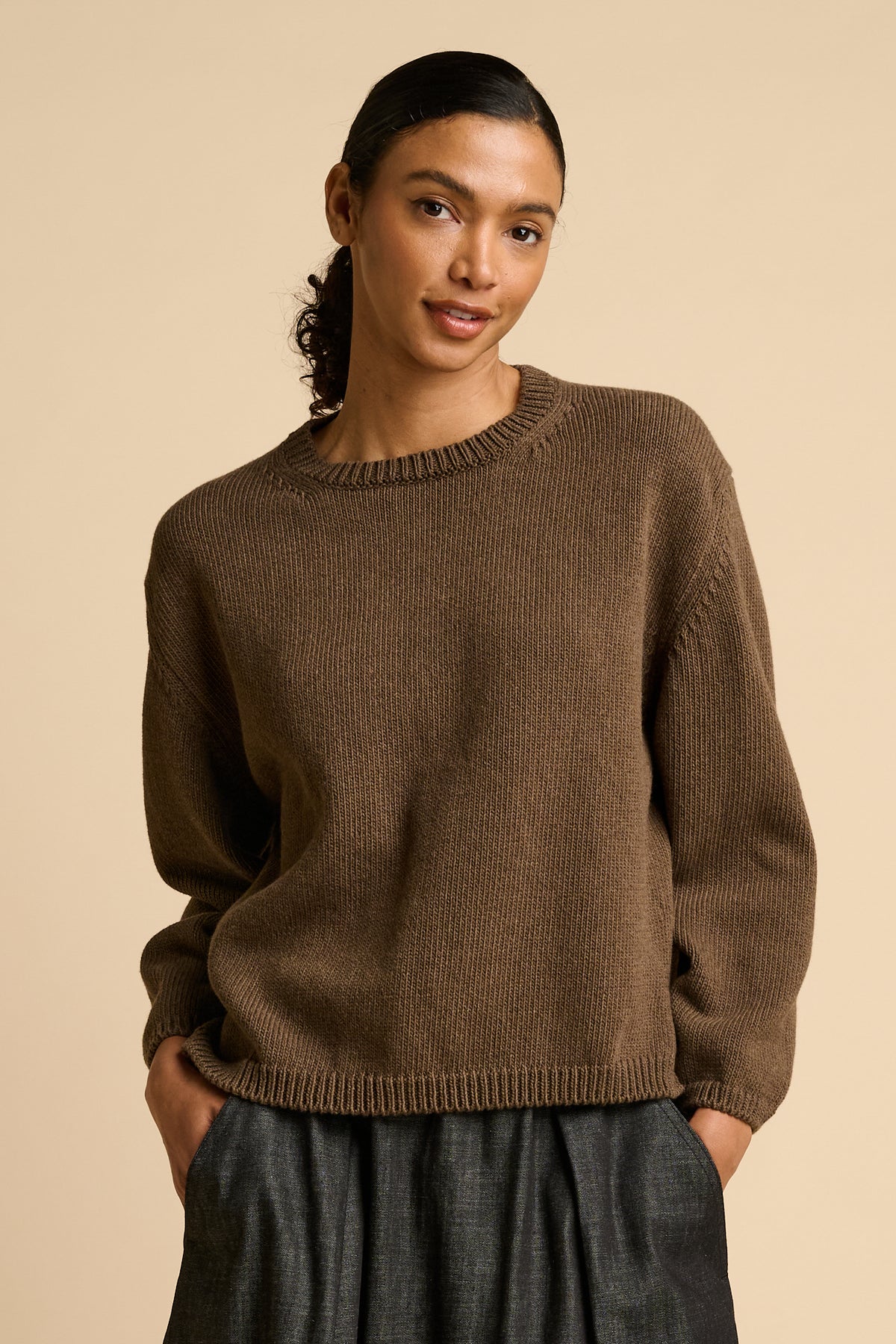 WOMENS COTTON CREW NECK - BROWN MARL