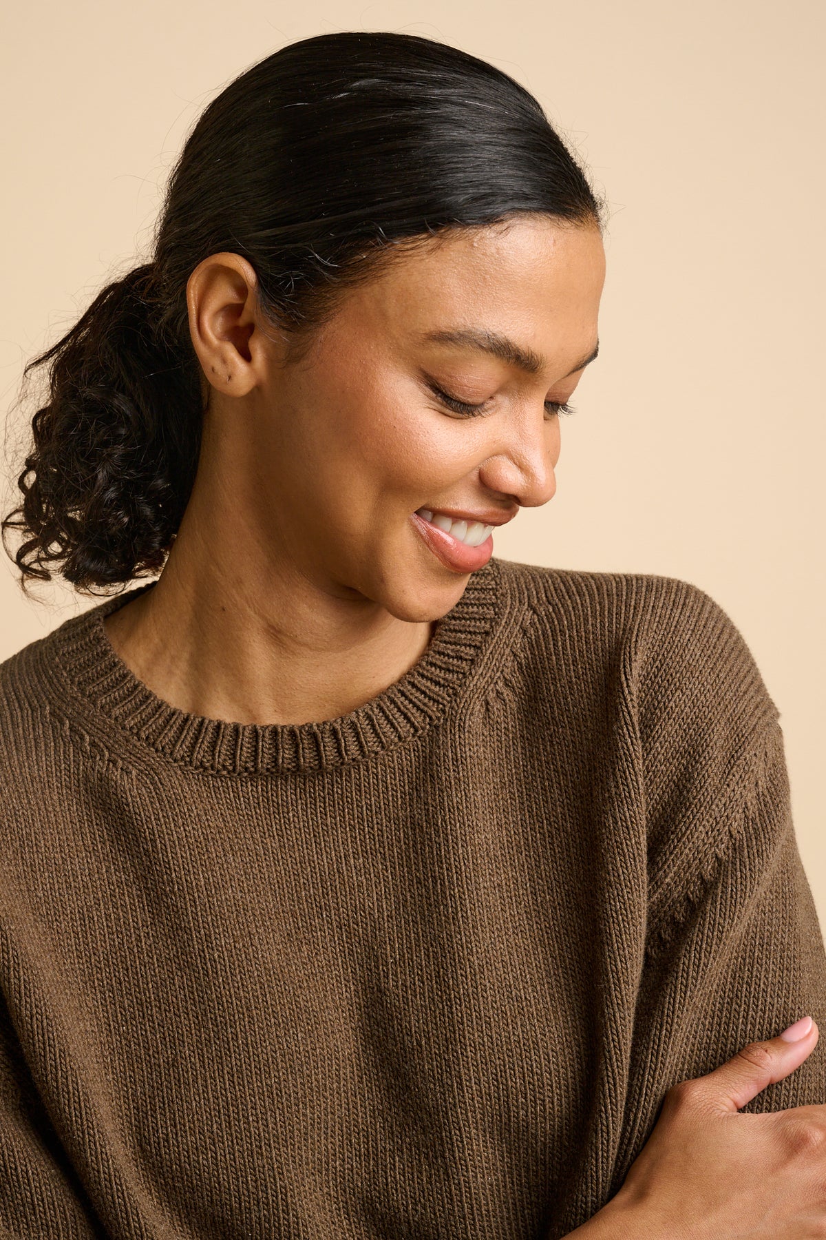 WOMENS COTTON CREW NECK - BROWN MARL
