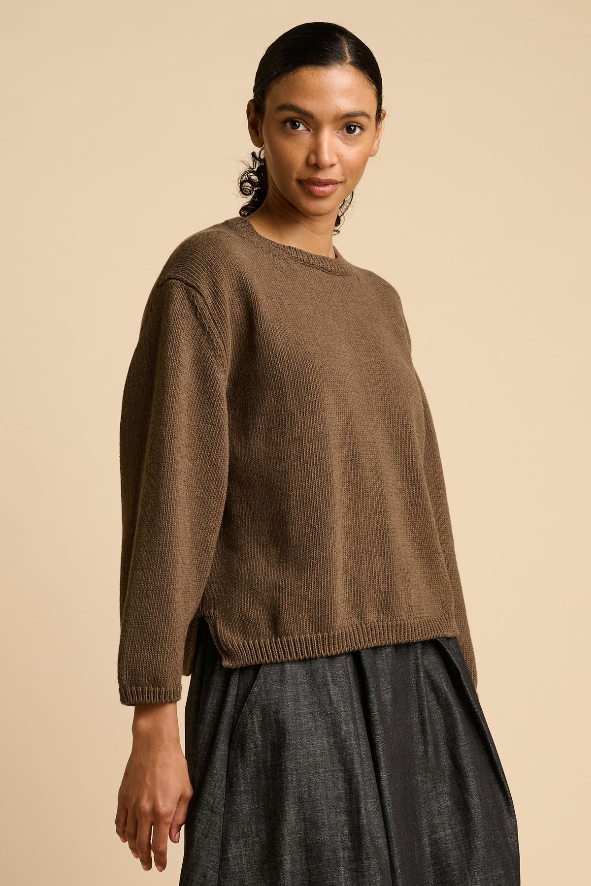 WOMENS COTTON CREW NECK - BROWN MARL