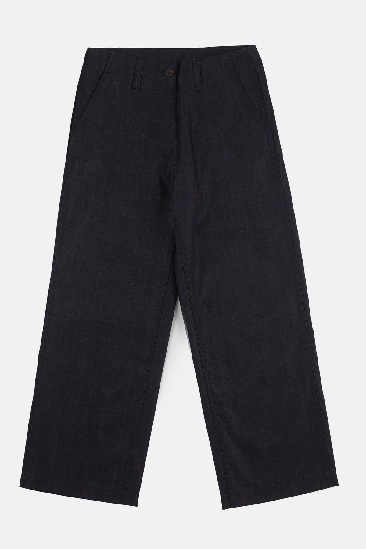 Women's cropped work trouser indigo denim flatlay