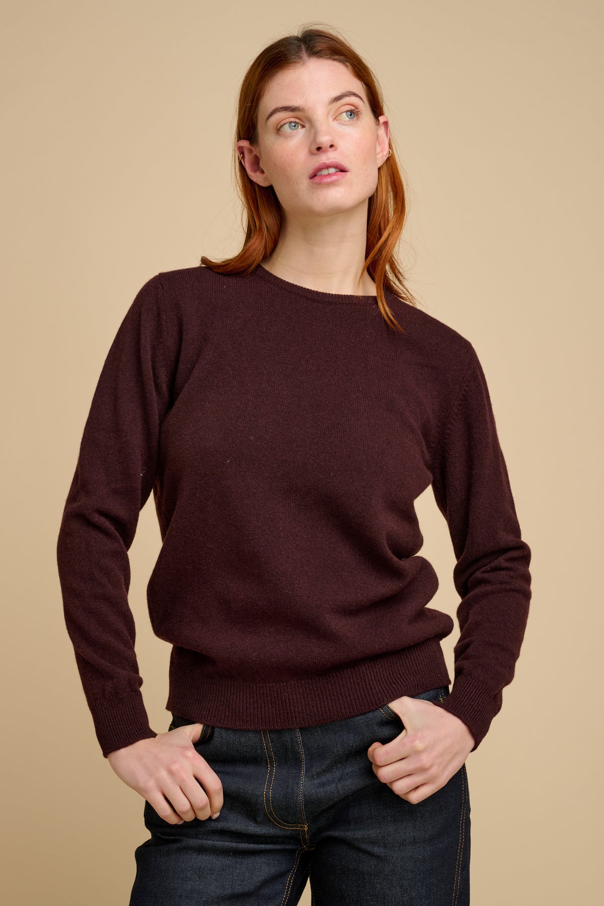 Woman wearing lambswool crew neck jumper in chocolate.