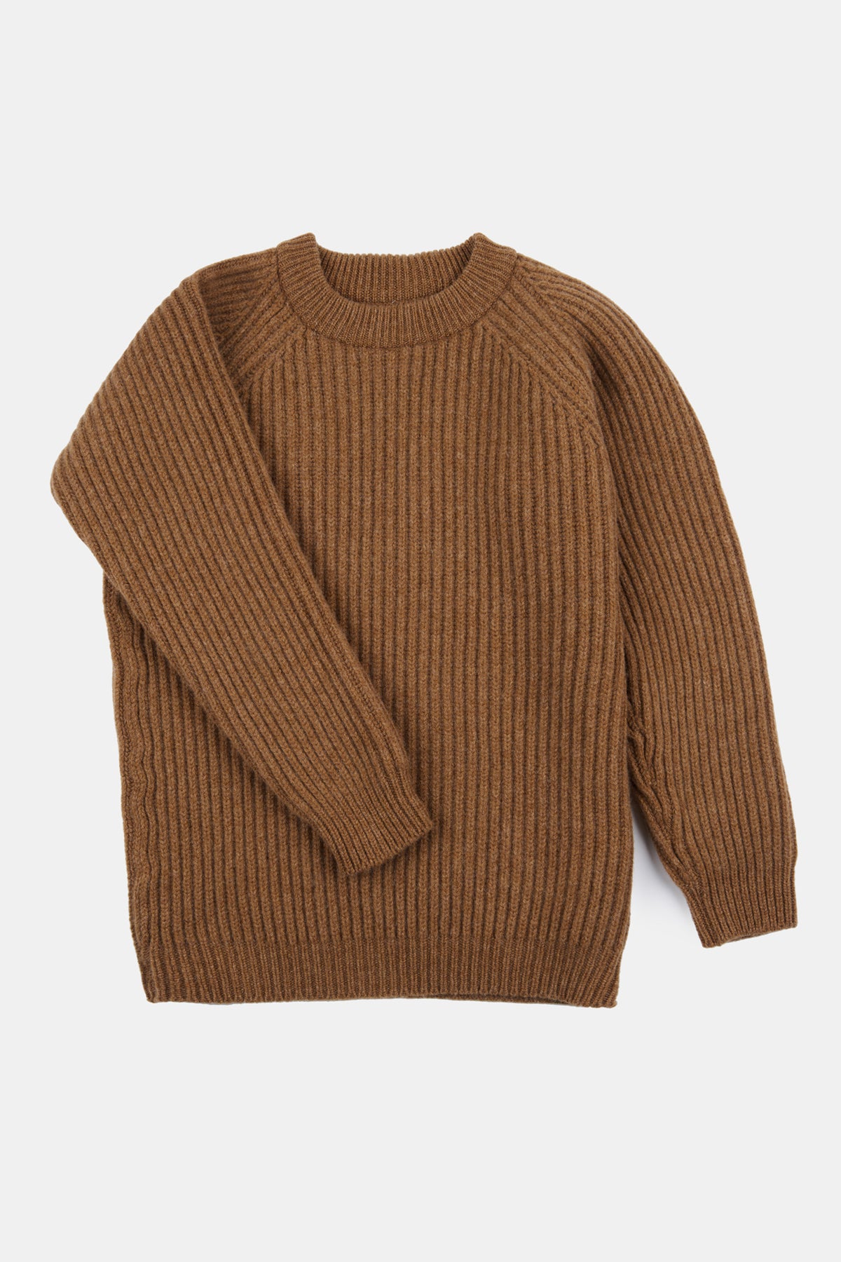 Flatlay shot of women's lambswool fisherman ribbed jumper in dark camel 