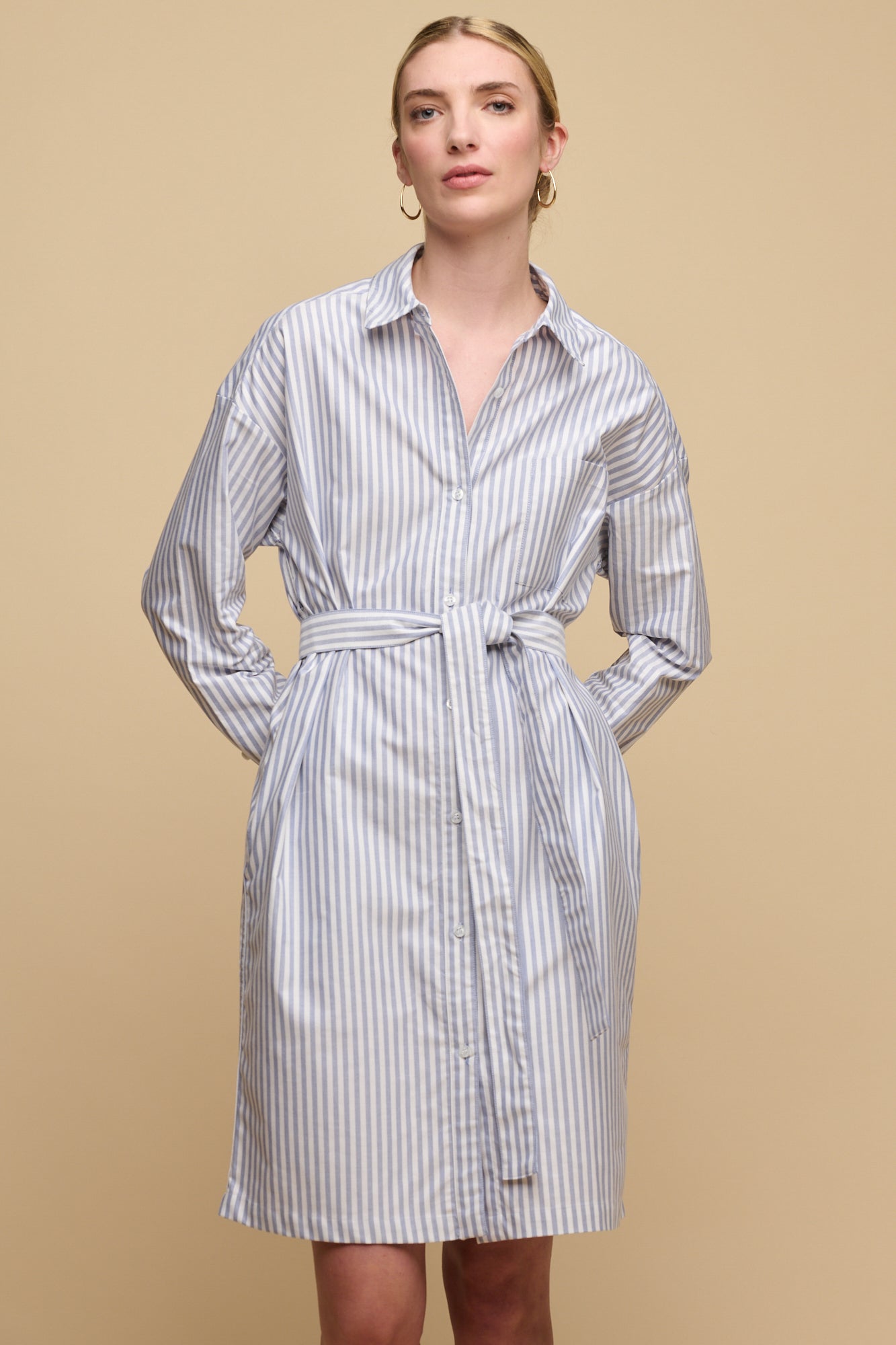 Full body image of the back of women's Lorelle belted midi cotton shirt dress in blue and white stripes with hands in pockets