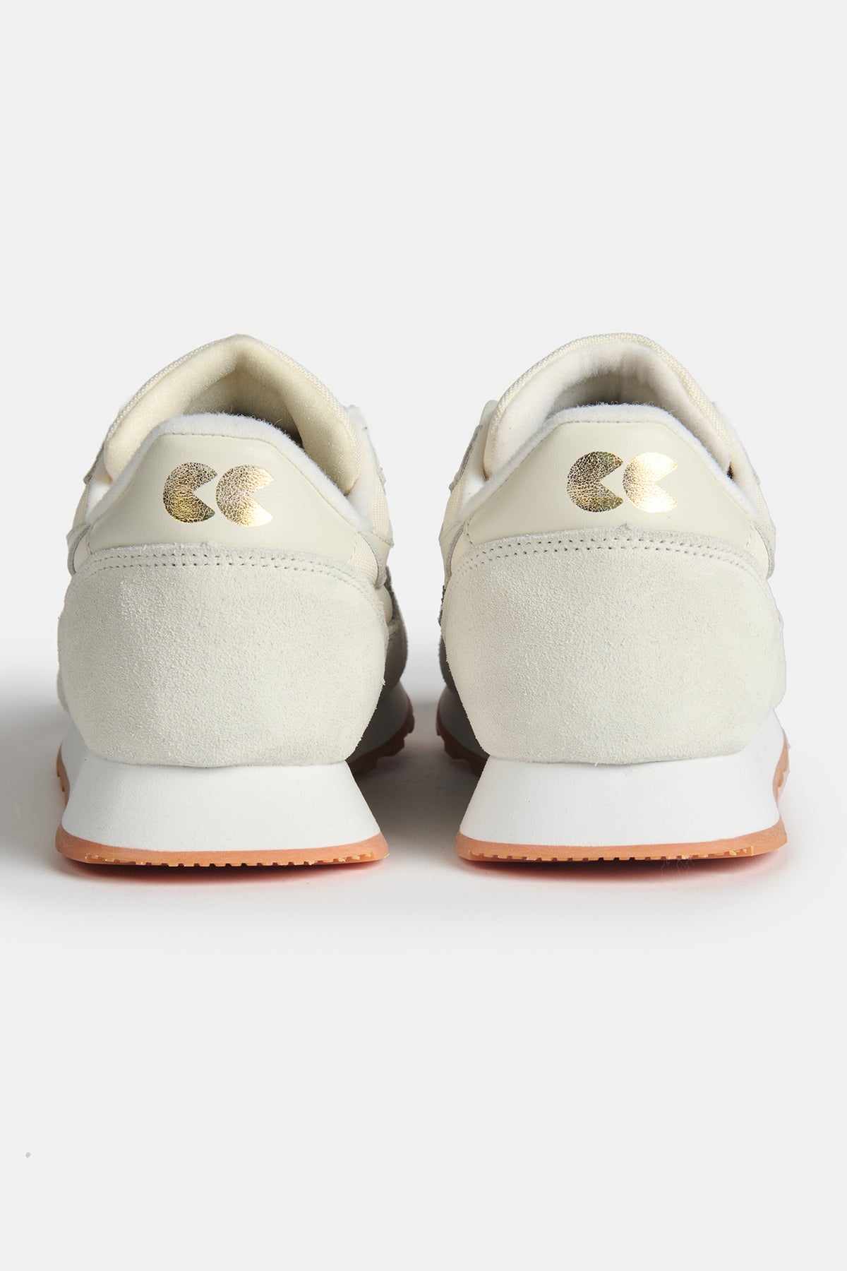 The heel of Walsh X CC Parlick trainers in Ivory/Stone/White, with Gold foil CC logo