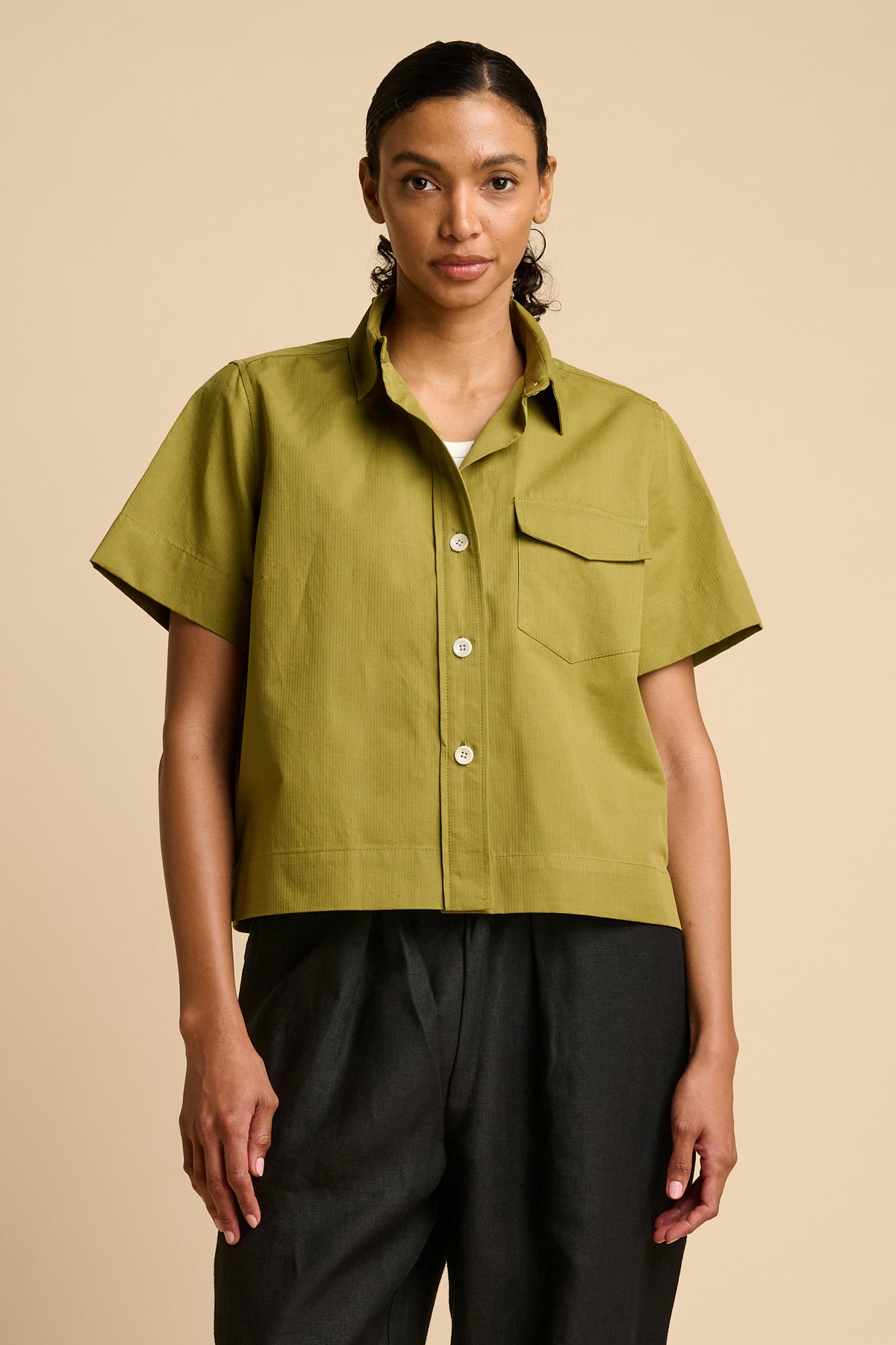 Penny Cropped Shirt Cotton Hemp - Light Olive