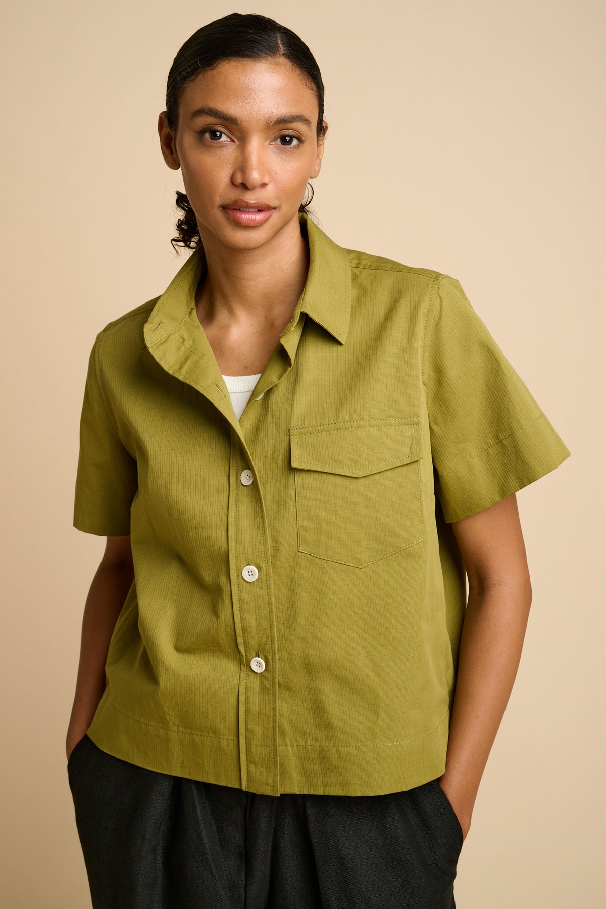 Penny Cropped Shirt Cotton Hemp - Light Olive