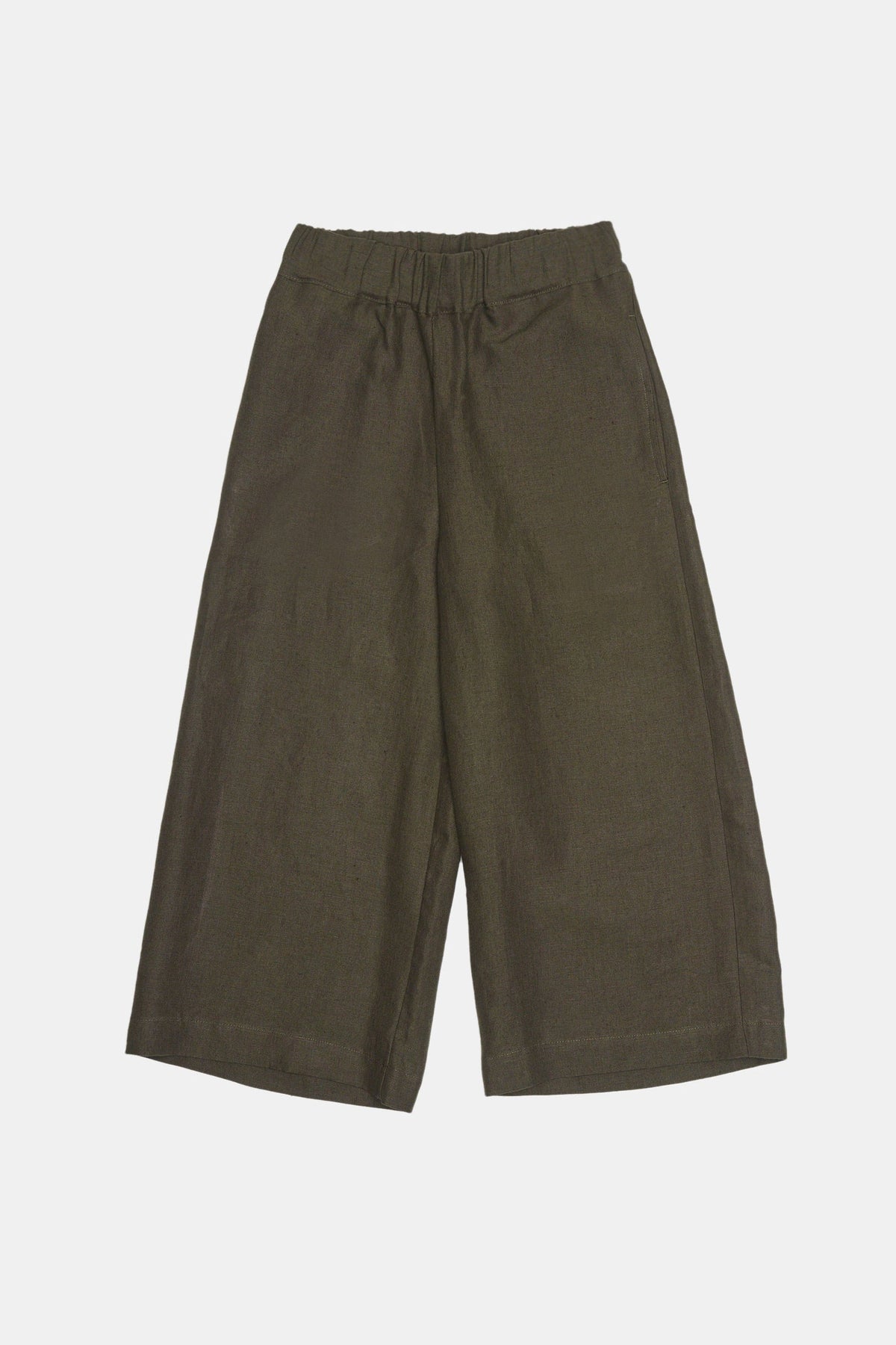 Overhead flat lay shot of womens short pj trousers in a khaki coloured linen