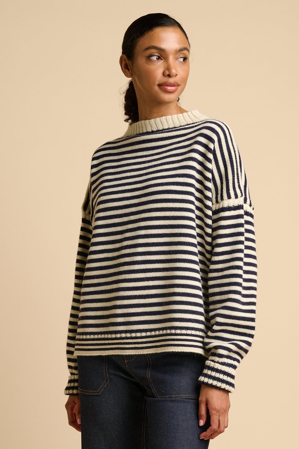 Womens Striped Guernsey - Navy/Ecru