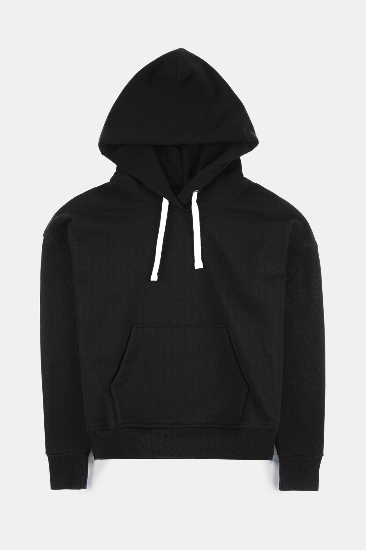 Flatlay product shot of women's hooded sweatshirt in black