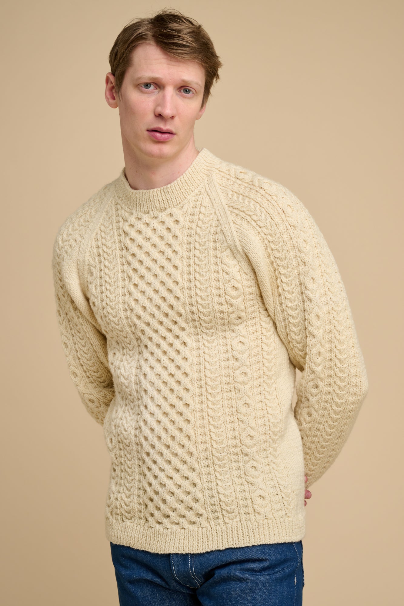 Mens Hand Knit Aran Sweater - Ecru