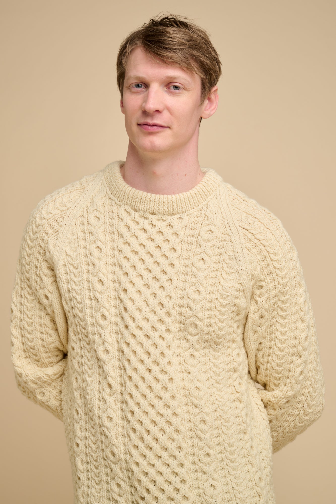 Mens Hand Knit Aran Sweater - Ecru