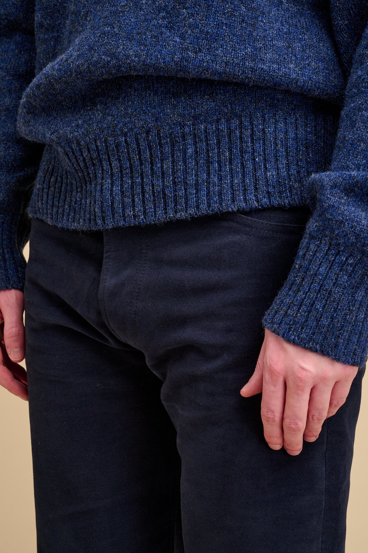 Close up of male wearing moleskin jeans 