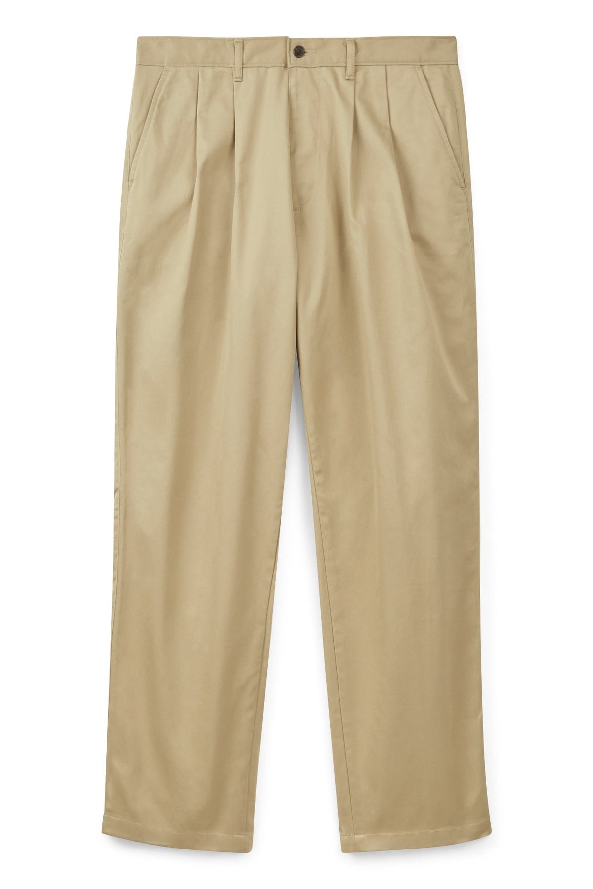 Flatlay product shot of pleated chino in stone 