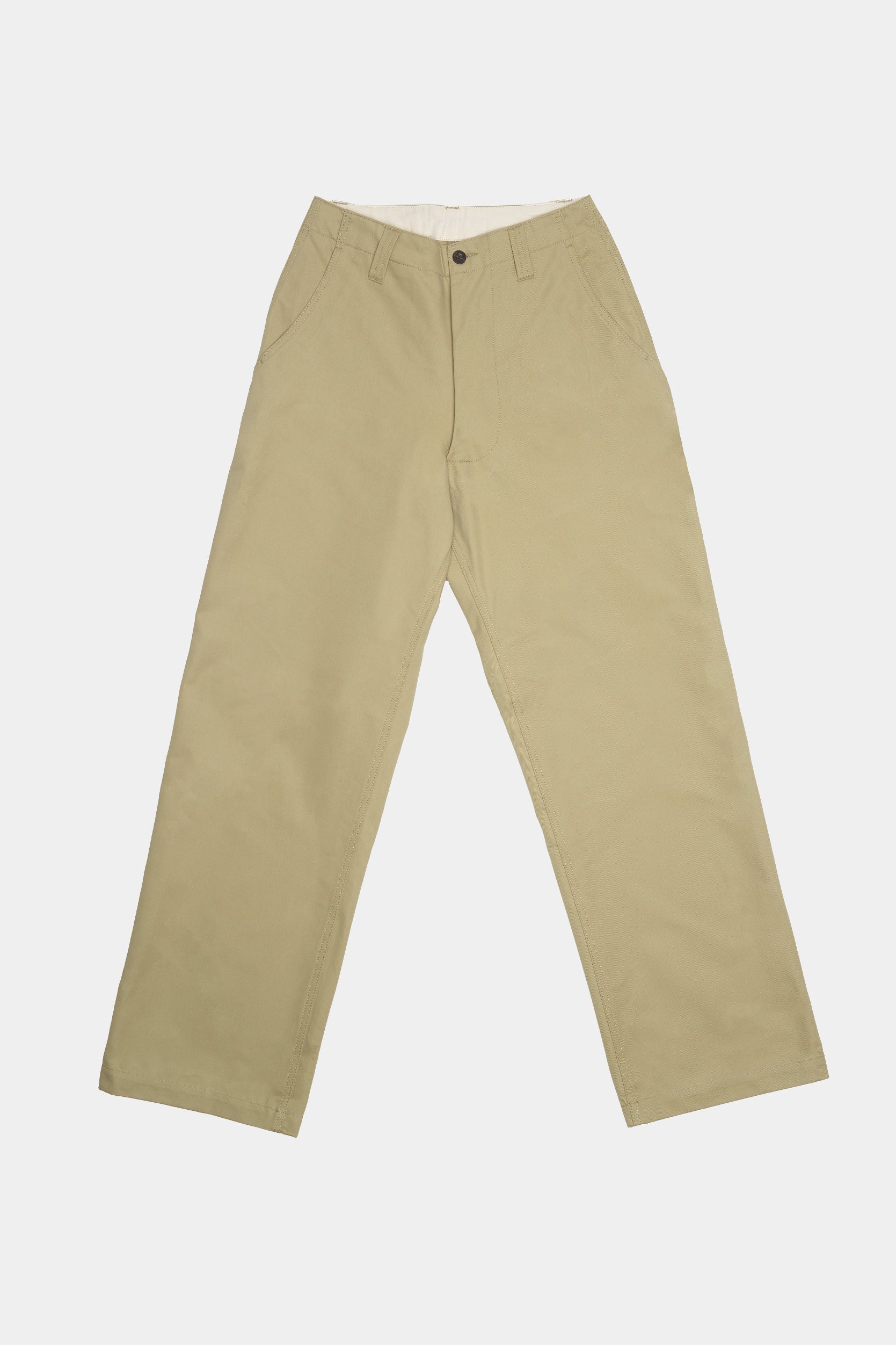 Flatlay product shot of men's field trousers in stone