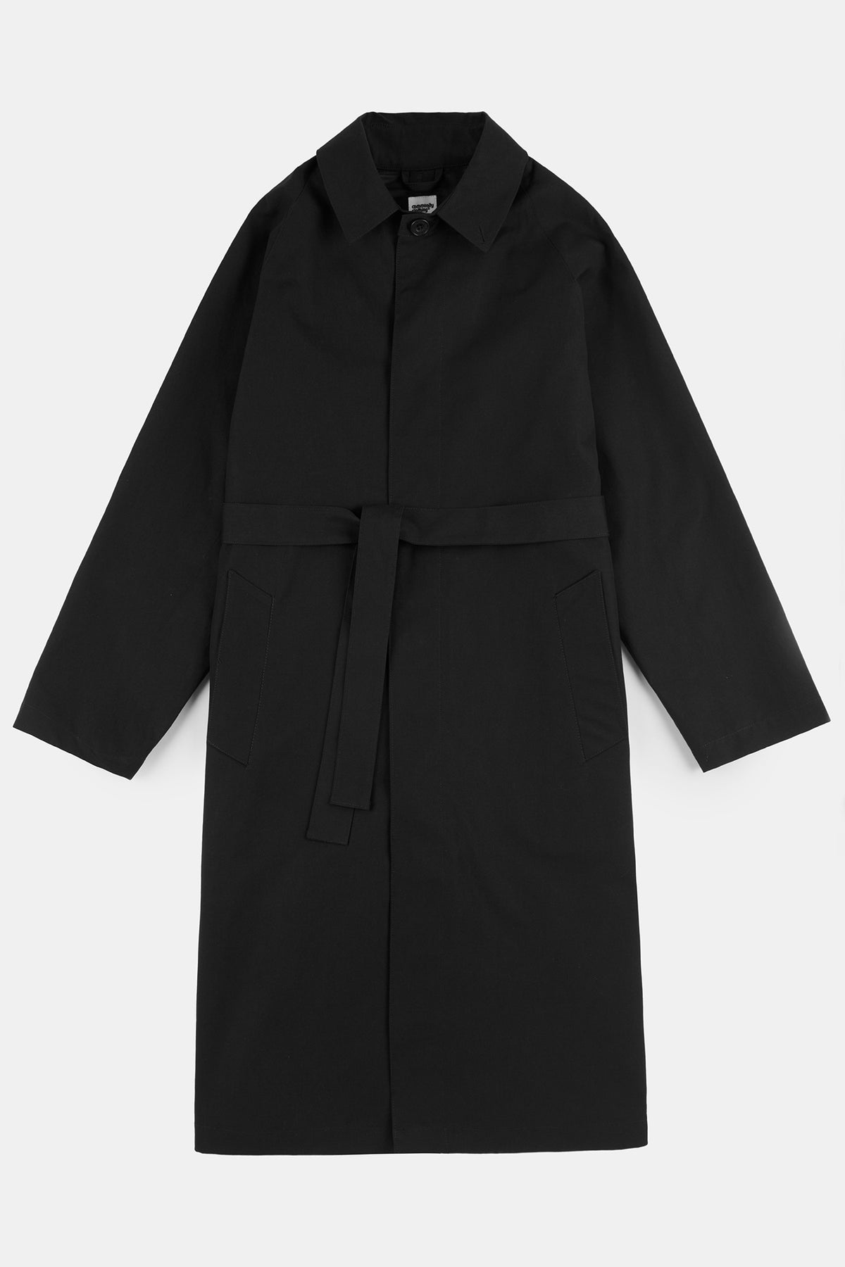Flatlay product shot of men's frank belted raglan raincoat in black