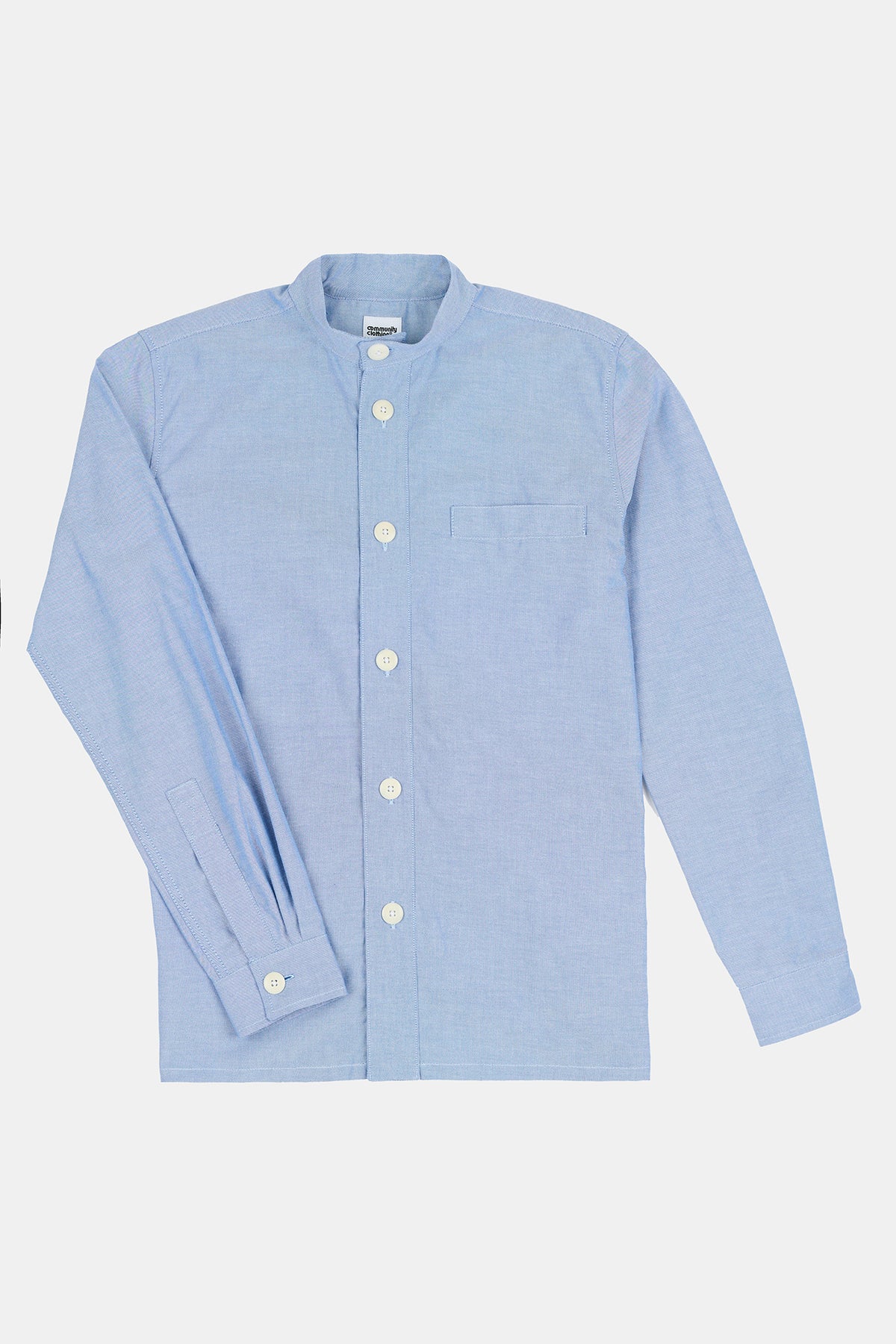 Flatlay product image of men's George lightweight collarless overshirt in light blue with contrast ecru buttons