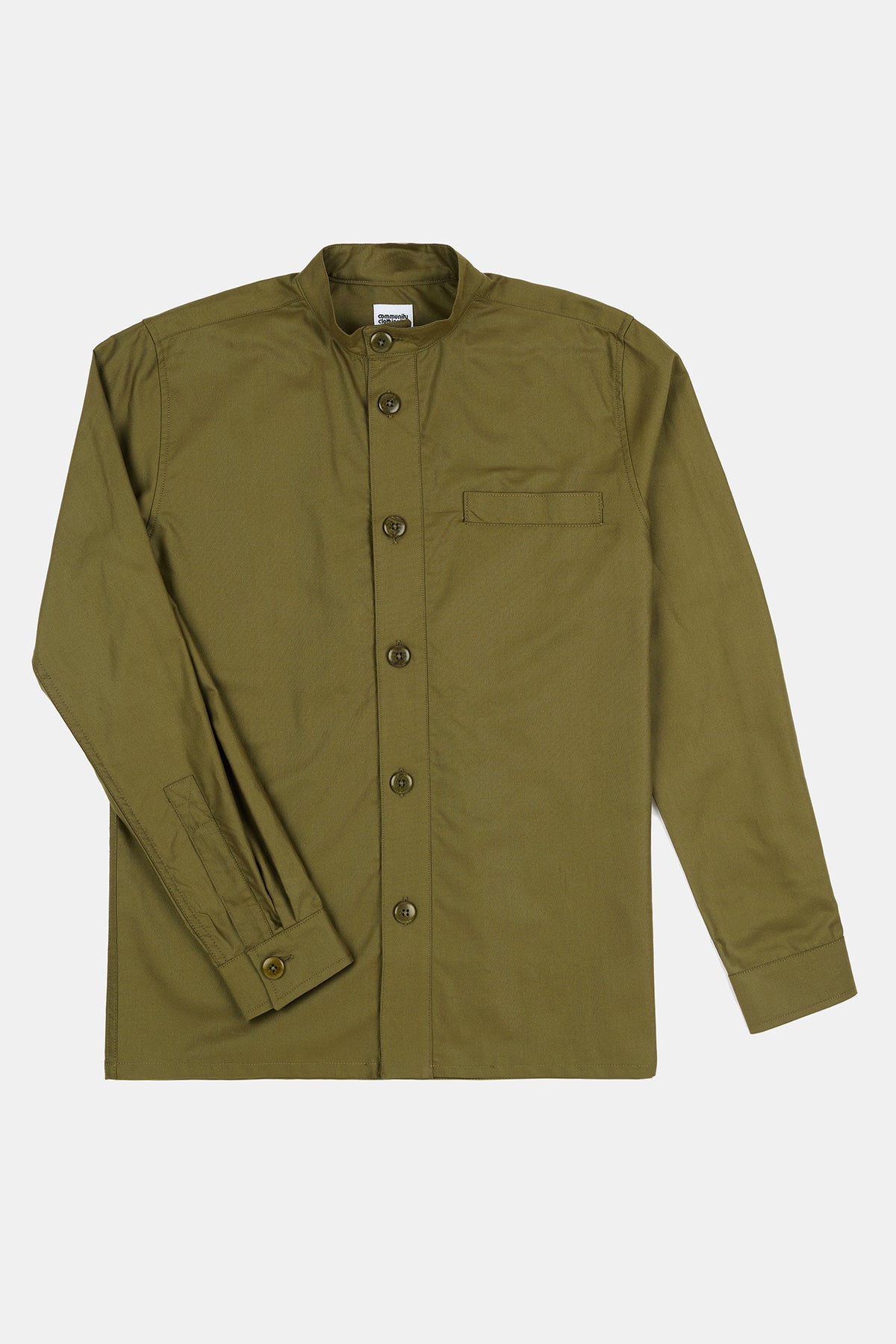Flatlay product shot of men's George lightweight collarless overshirt in olive