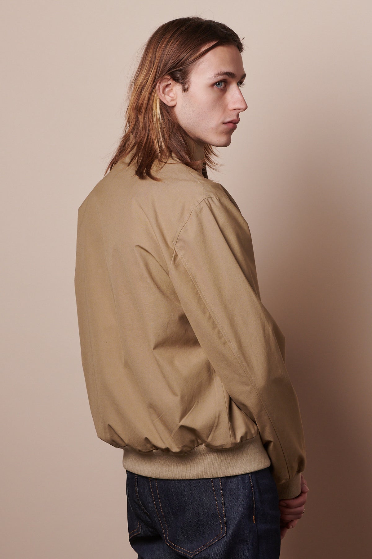 Back of male wearing Harrington Jacket in stone 