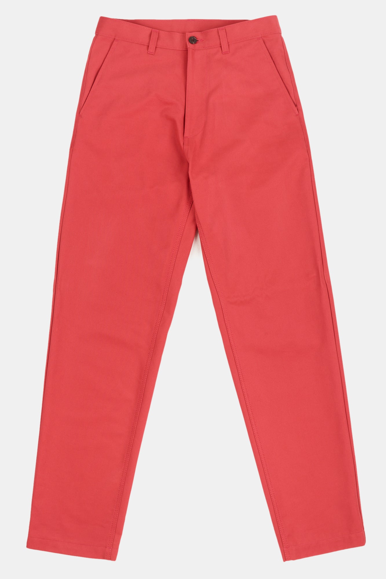 White, brunette male in salmon red, heavyweight relaxed chino styled with stone short sleeve polo shirt 