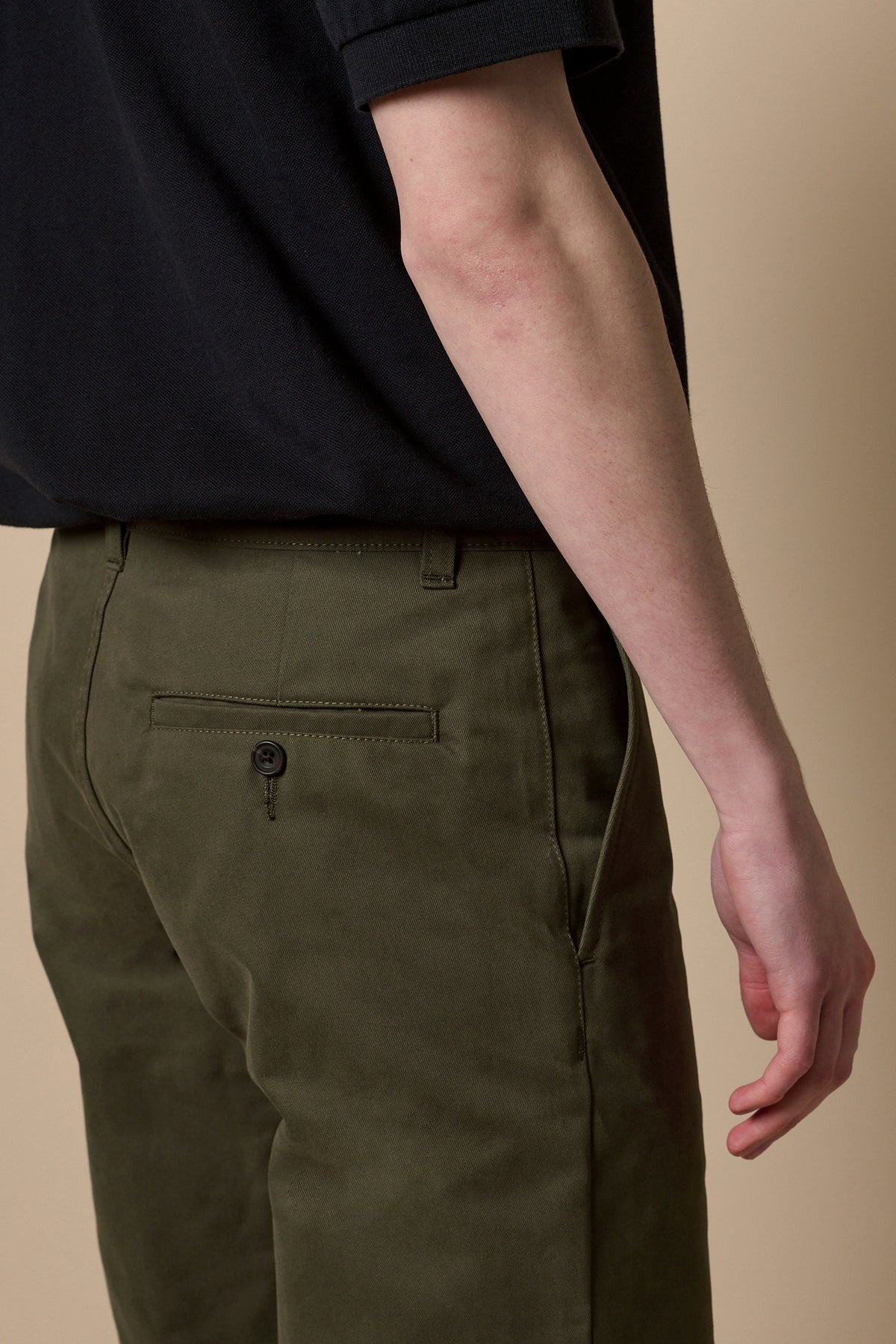 Back pocket detail of heavyweight slim chino