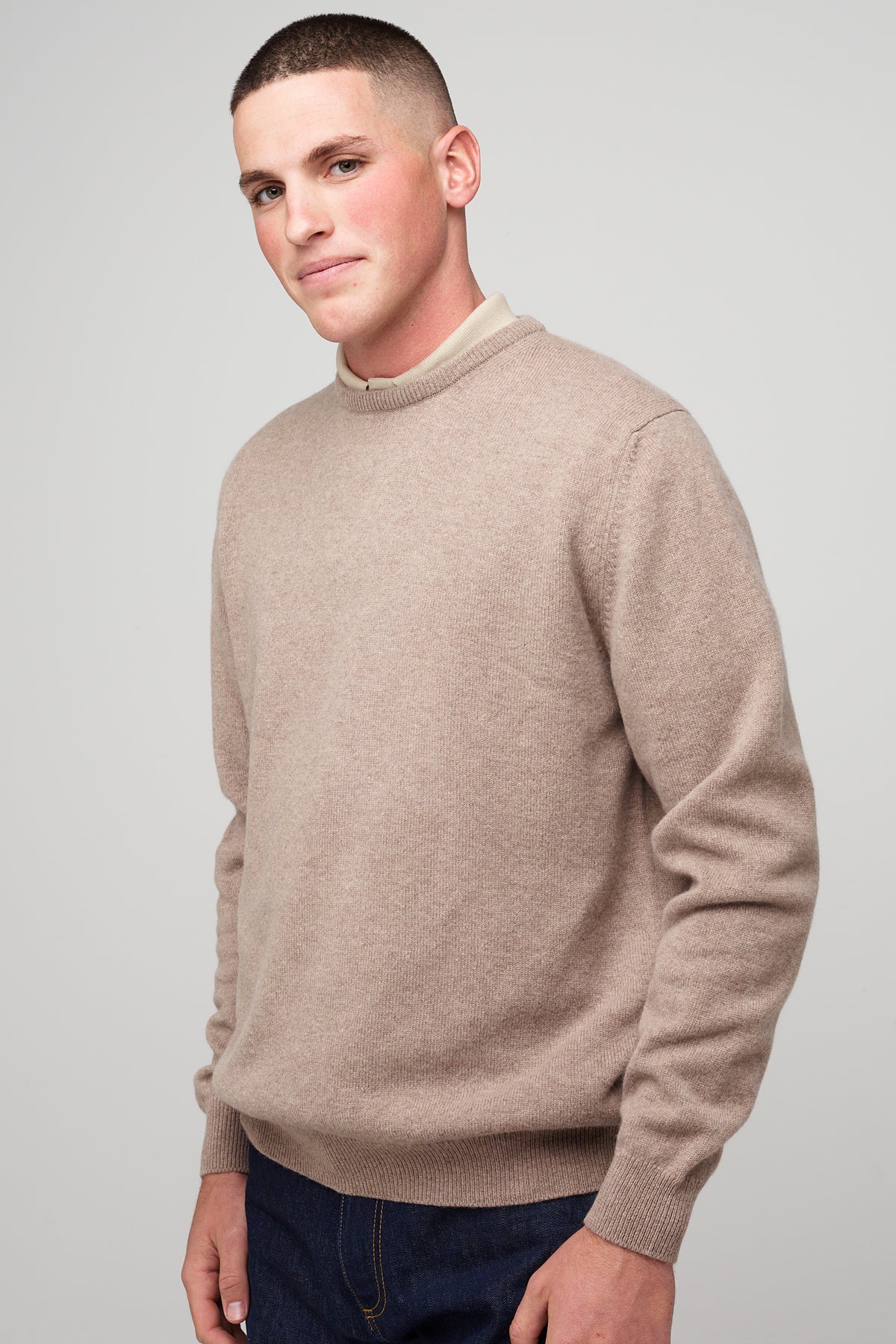 brunette, white male in taupe lambswool crew neck 
