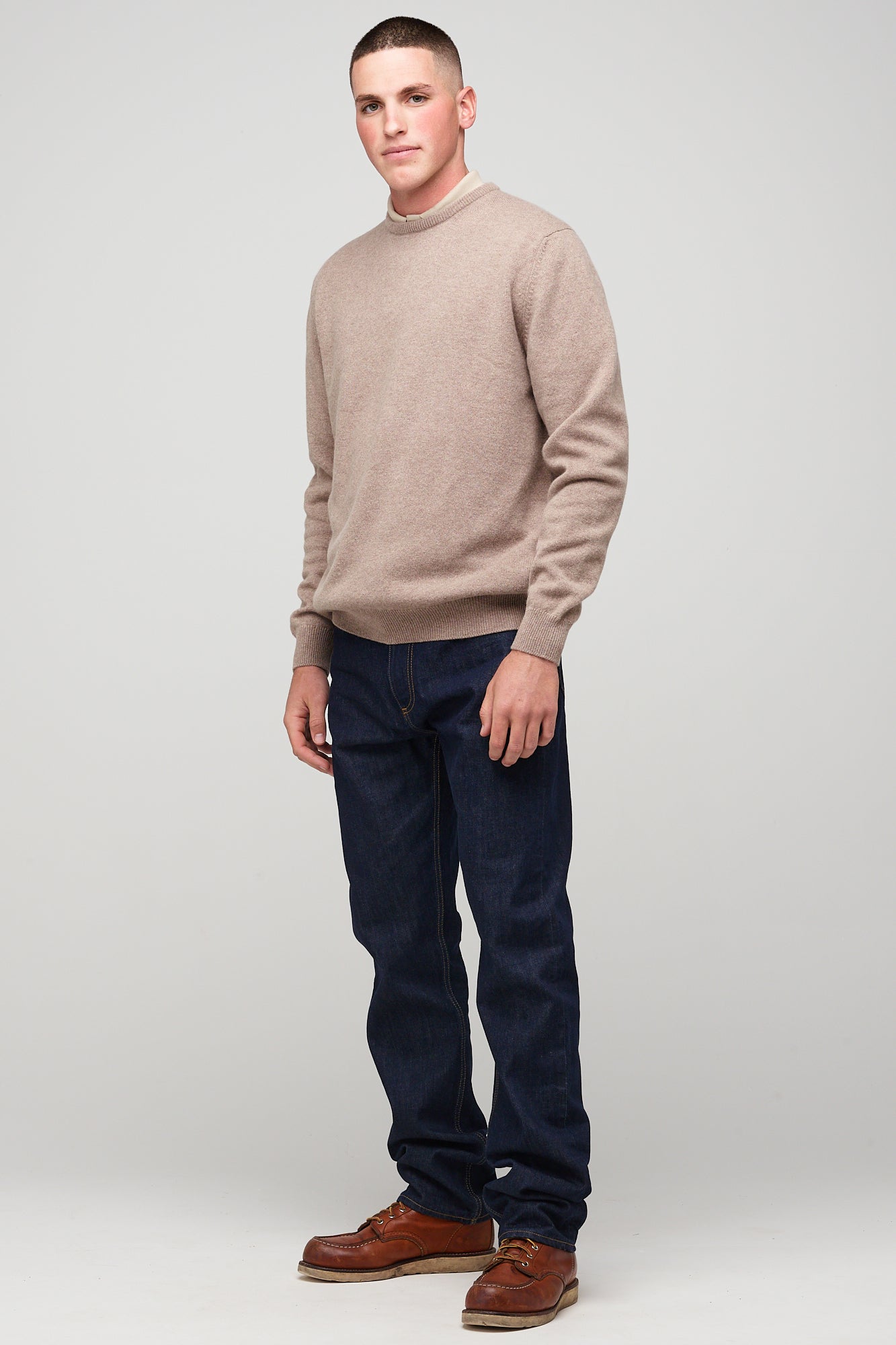 brunette, white male in taupe lambswool crew neck 