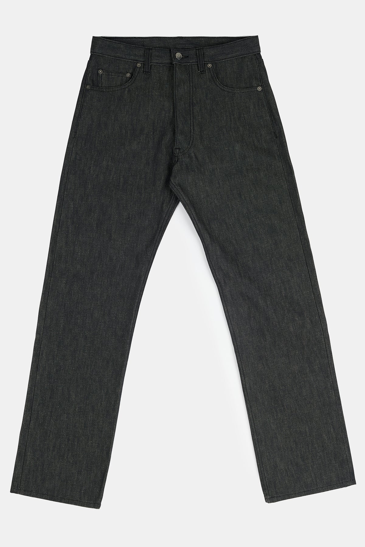 Flatlay product image of men's loose fit button fly Arun jeans in black