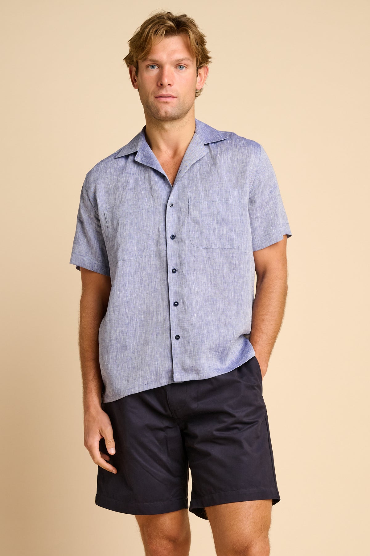 MARC LINEN SHORT SLEEVE BOWLING SHIRT - INDIGO