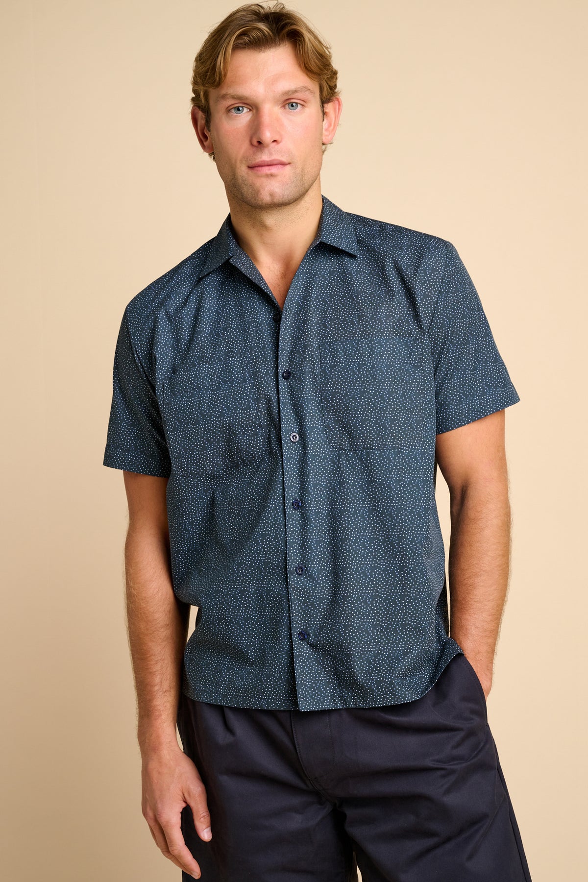 MARC POLKA DOT SHORT SLEEVE BOWLING SHIRT - NAVY