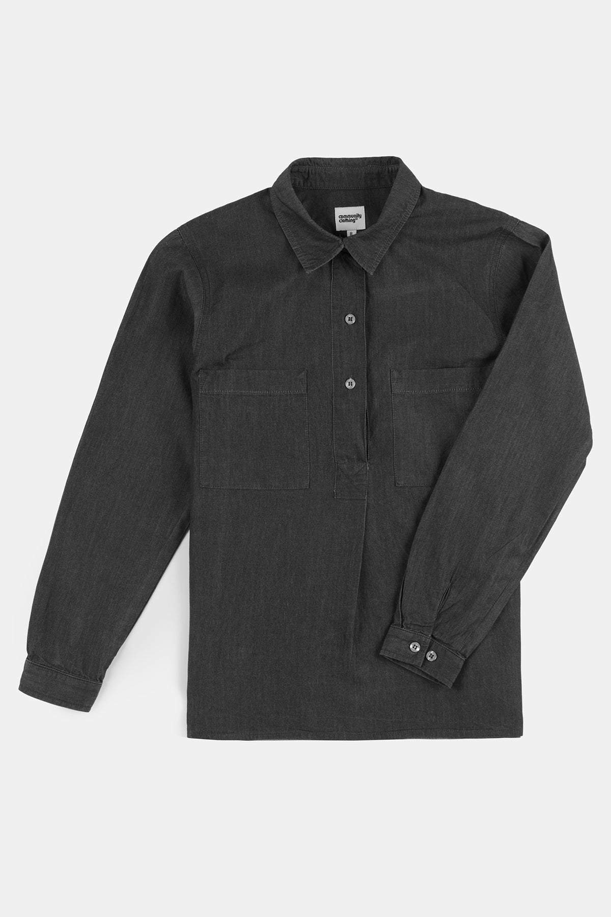 Flatlay product shot of men's Oli half placket lightweight denim shirt in black chambray