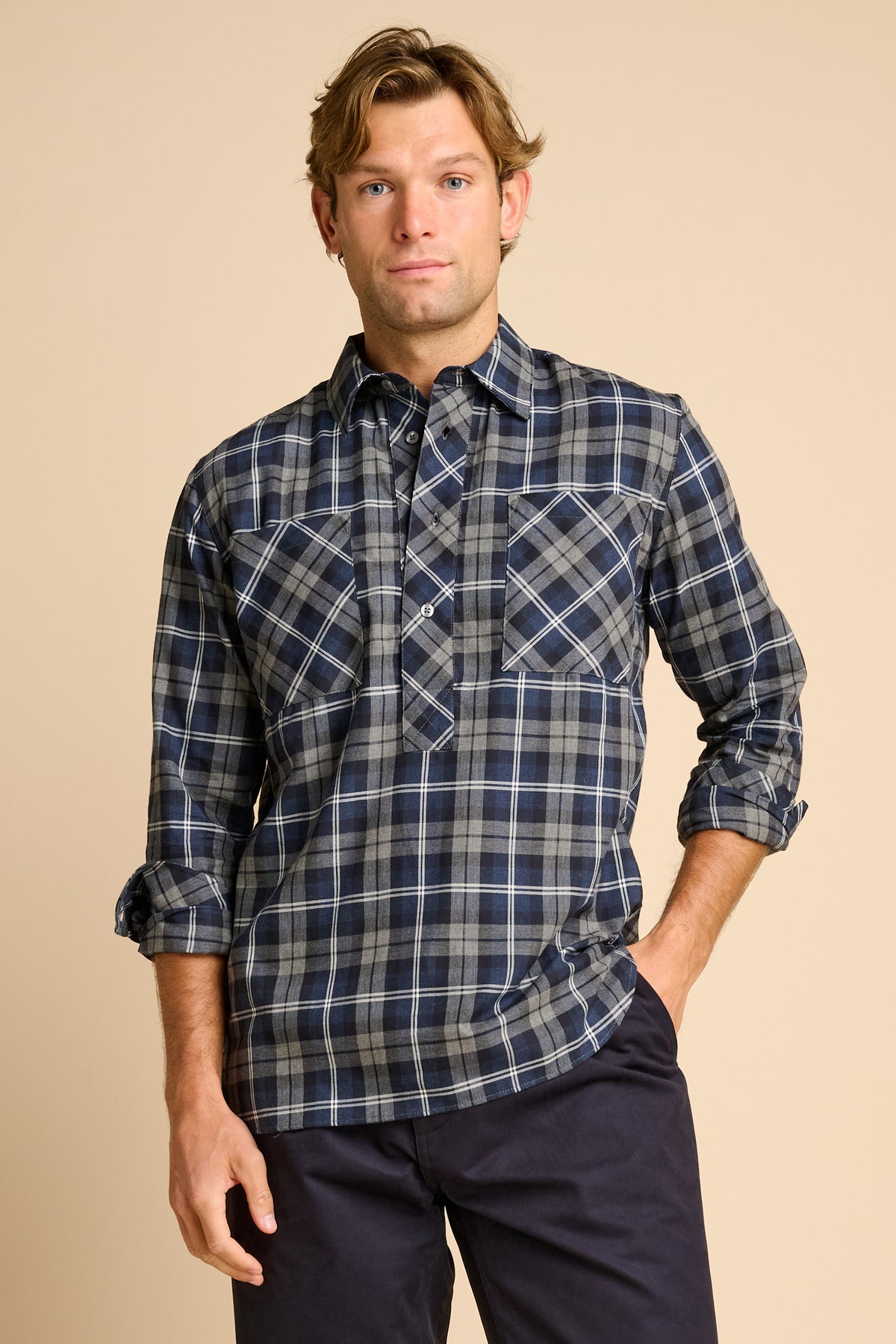 Oli Half Placket Cotton Shirt Blue Multi Check