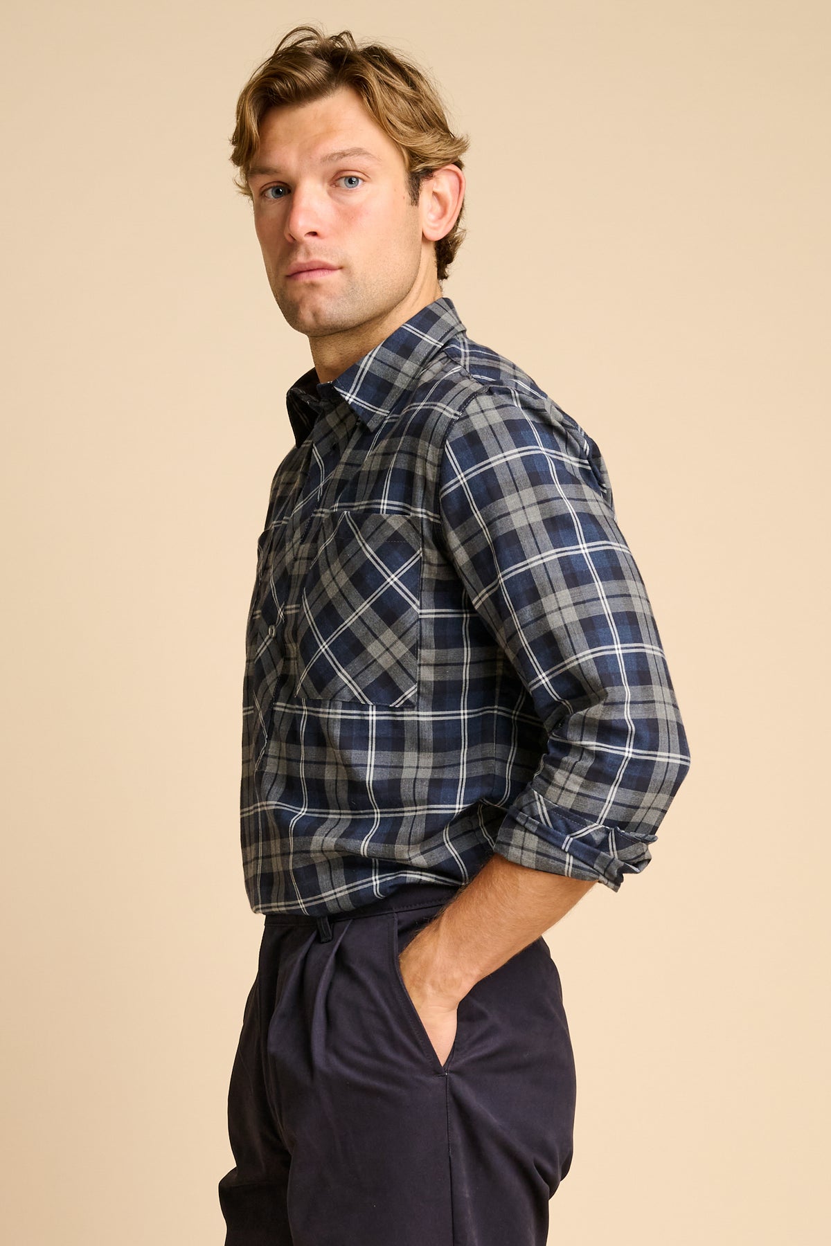 Oli Half Placket Cotton Shirt Blue Multi Check