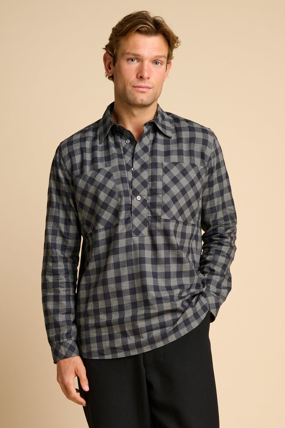 Oli Half Placket Cotton Shirt Grey Black Check