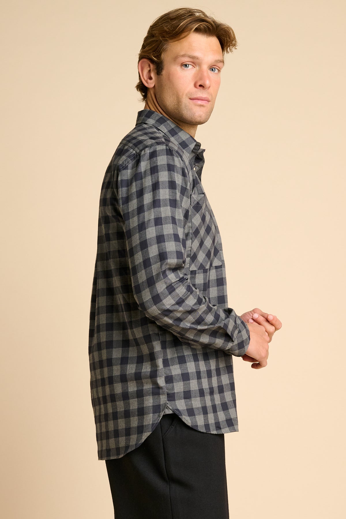 Oli Half Placket Cotton Shirt Grey Black Check