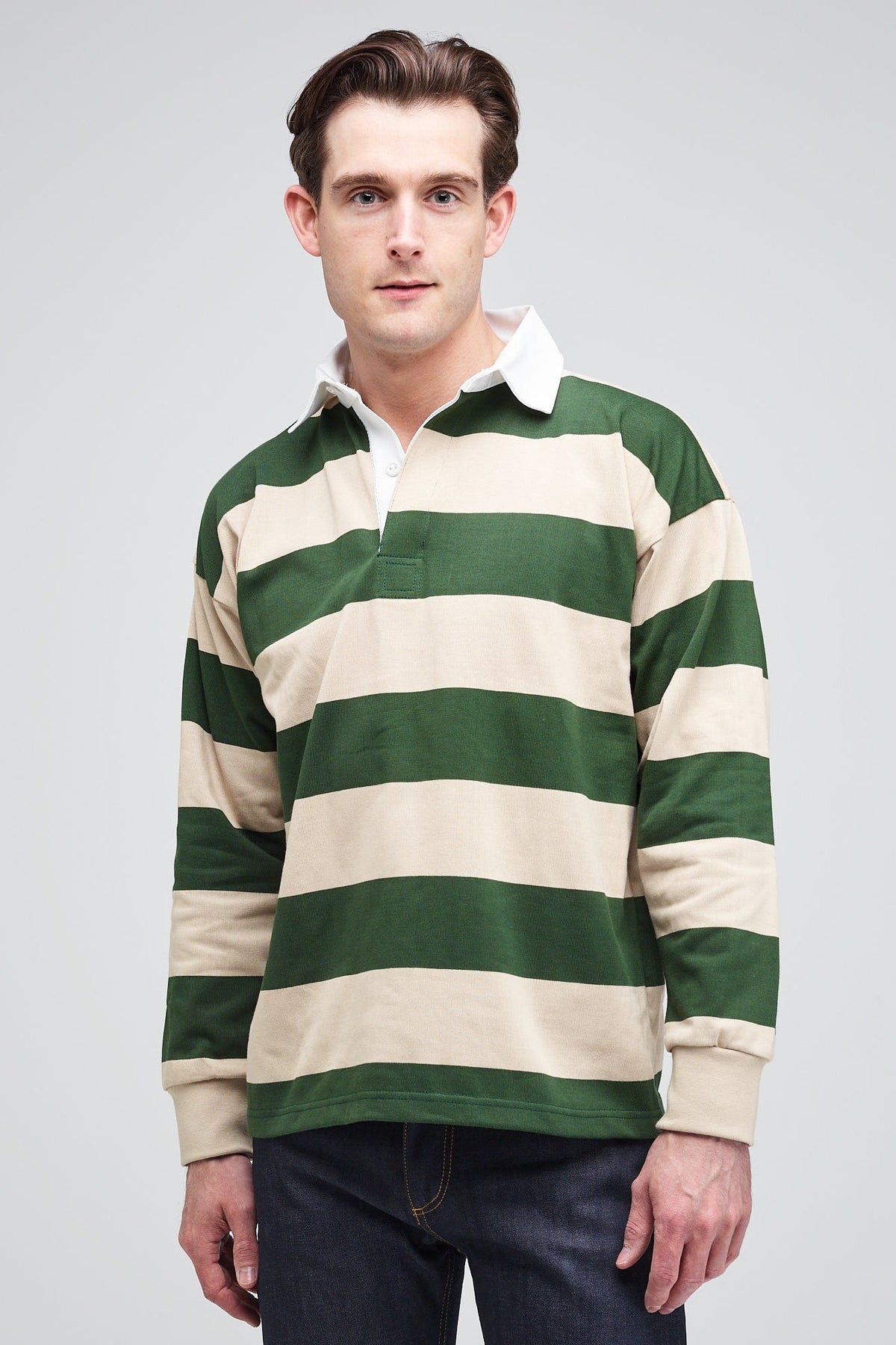 front of brunette white male in rugby shirt forest linen