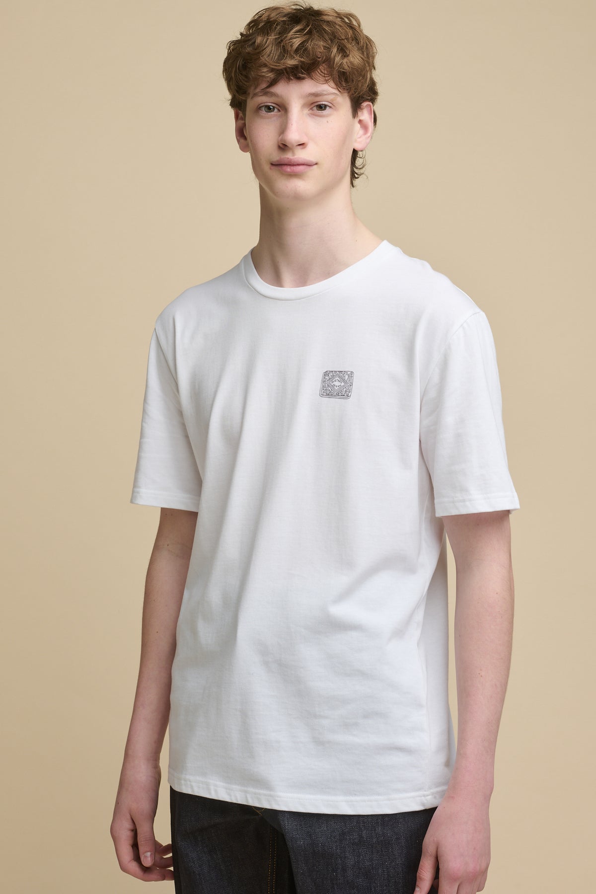 Thigh up image of male wearing short sleeve graphic t shirt with custard cream biscuit print