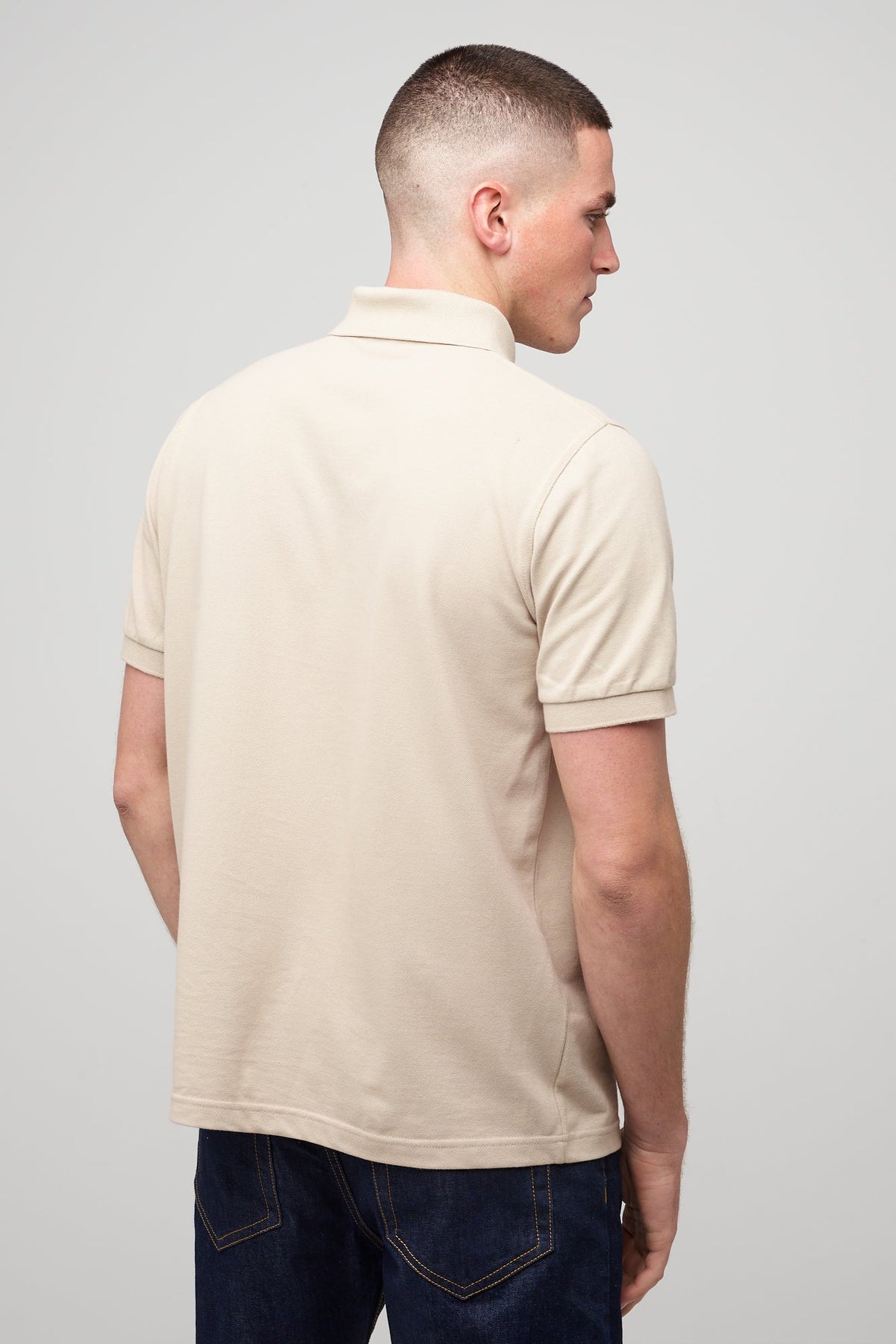 Brunet, white male in Short Sleeve Polo Shirt - Stone back