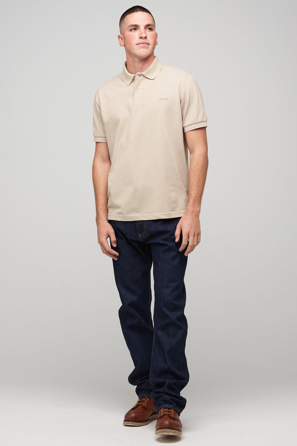 Brunet, white male in Short Sleeve Polo Shirt - Stone
