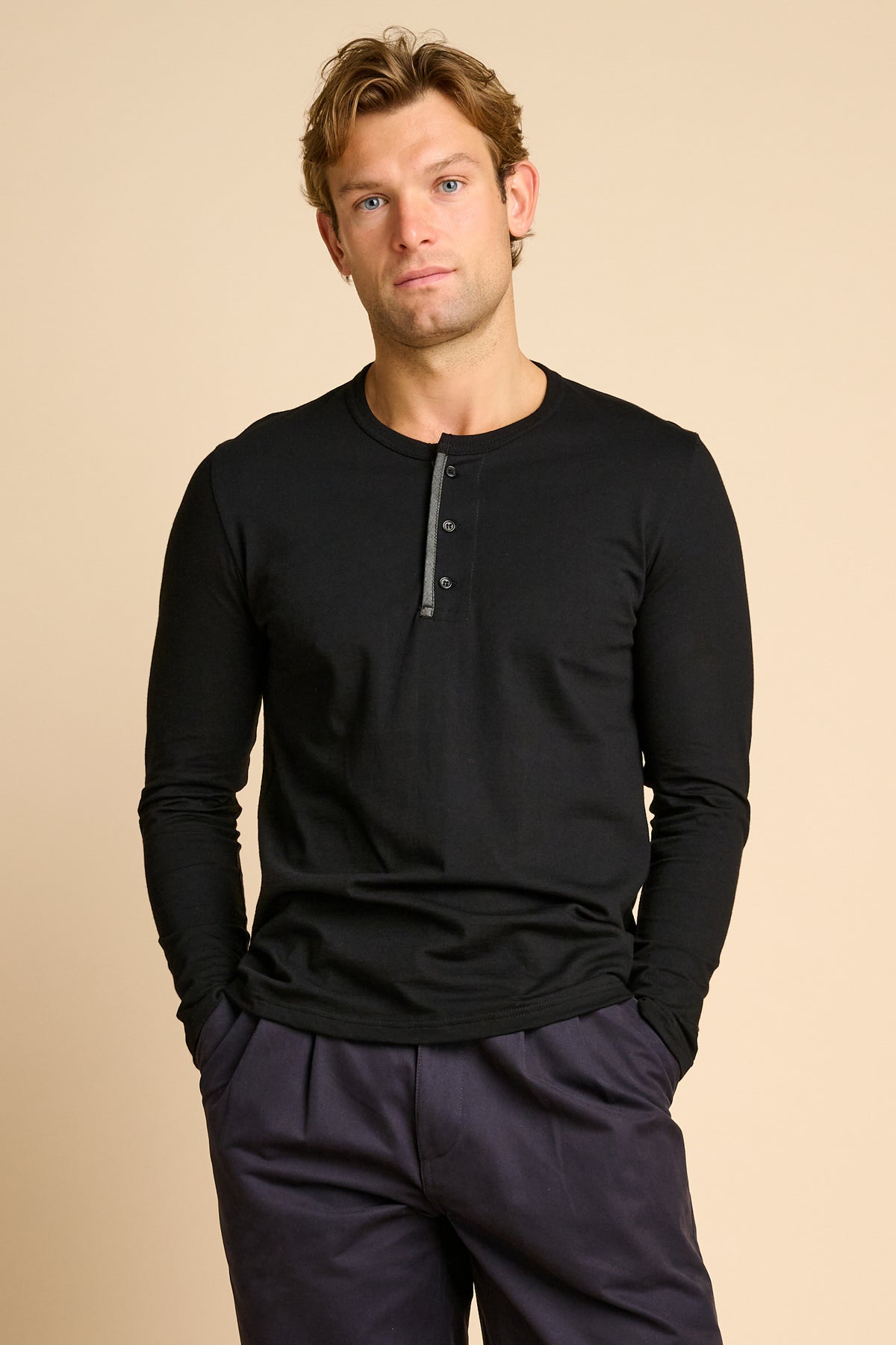 Men's Single Jersey Henley Plastic Free - Black