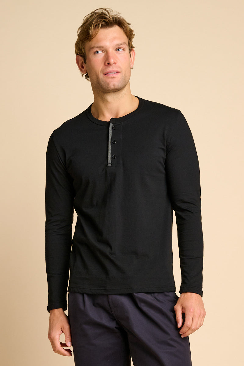 Men's Single Jersey Henley Plastic Free - Black